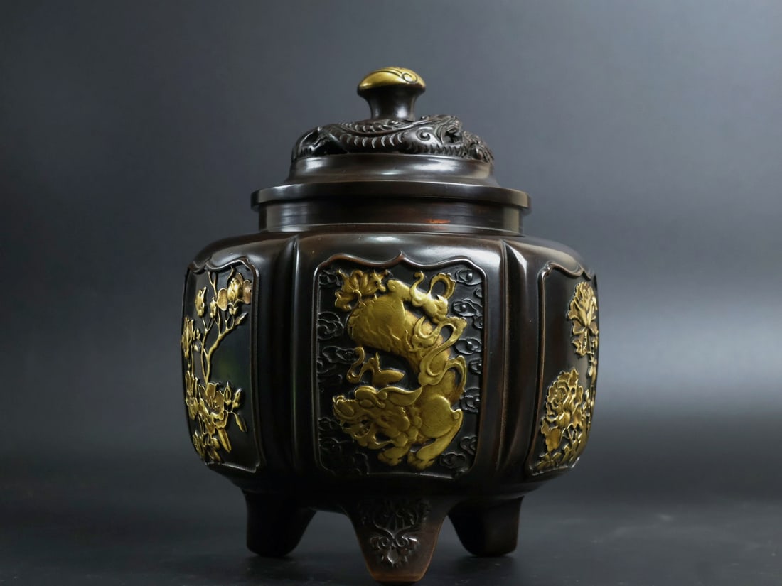 An Exquisite Gilt Bronze Flower and Dragon Pattern Tripod Censer: An Exquisite Gilt Bronze Flower and Dragon Pattern Tripod Censer,Qing Dynasty, China, Xuande Four-character Mark,Size:7.5inx4.1in,Weight:4060g