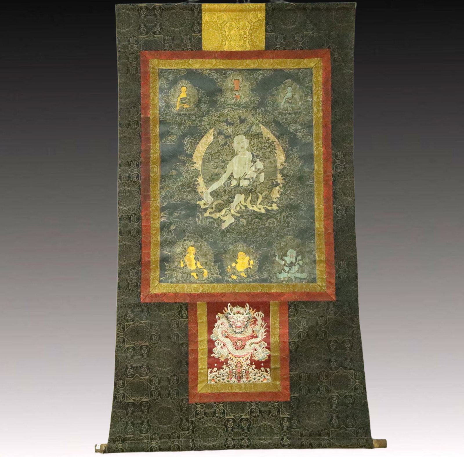A Rare Brocade Painted Color Statue of Green Tara Tangka: A Rare Brocade Painted Color Statue of Green Tara Tangka,Qing Dynasty, China,Size:35.4inx61in