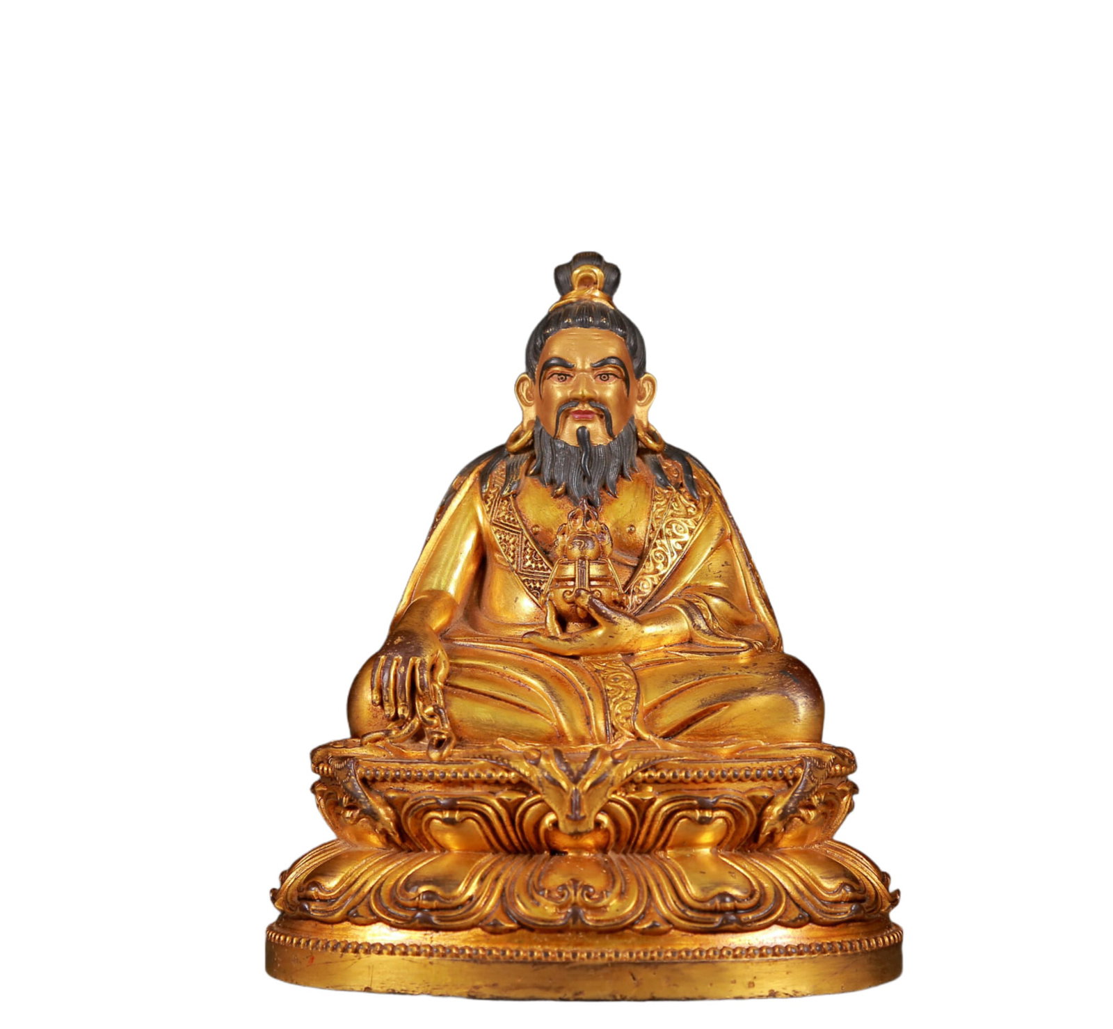 A Solemn Gilt Bronze Statue of Guru: A Solemn Gilt Bronze Statue of Guru,Qing Dynasty, China,Size:4.9inx3.7inx3.9in,Weight:1025g 铜鎏金上师像，清代