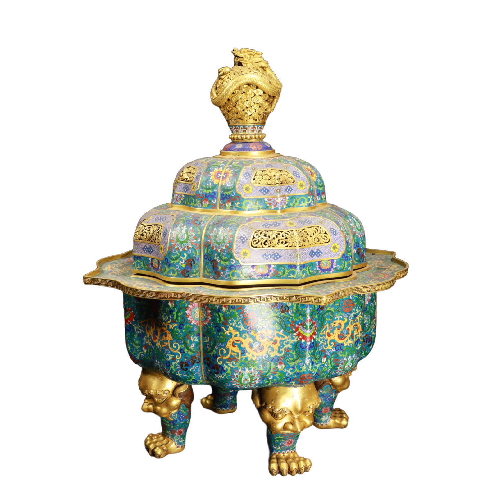 An Exquisite Cloisonne Lotus and Dragon Pattern Censer: An Exquisite Cloisonne Lotus and Dragon Pattern Censer,Qing Dynasty,China,Qianlong Six-character Mark,Size:26inx21.3inx21.3in,Weight:25250g