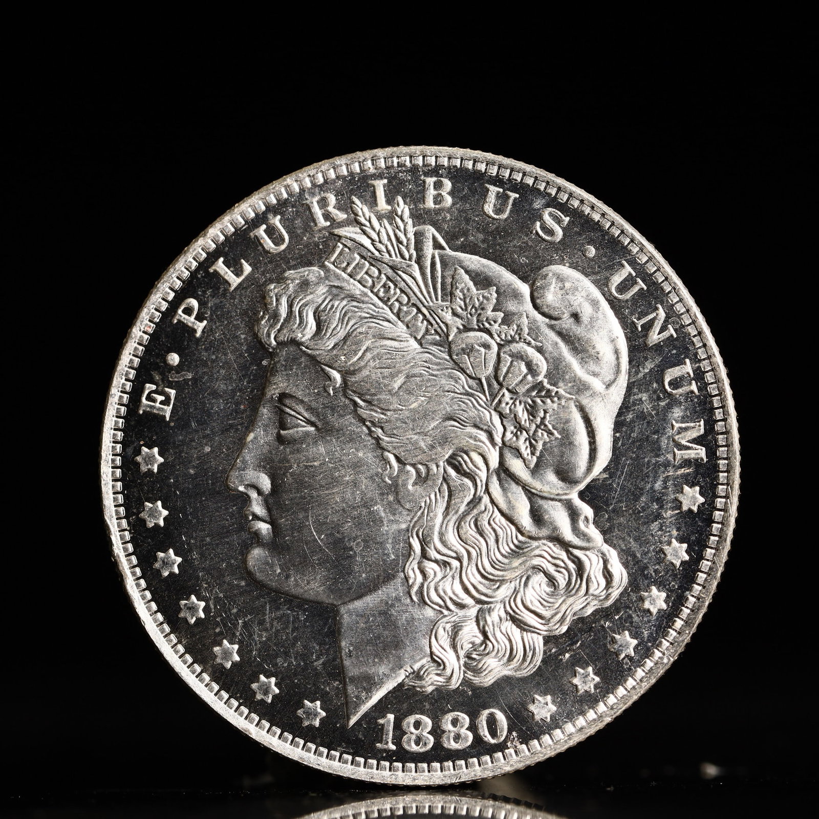 USA Morgan Dollar 1880 Coin: Obv: profile bust with date below and E PLURIBUS UNUM legend and stars around. Rev: eagle with In God we trust above within wreath with UNITED STATES OF AMERICA ONE DOLLAR legend. IN GOD WE TRUST / LI