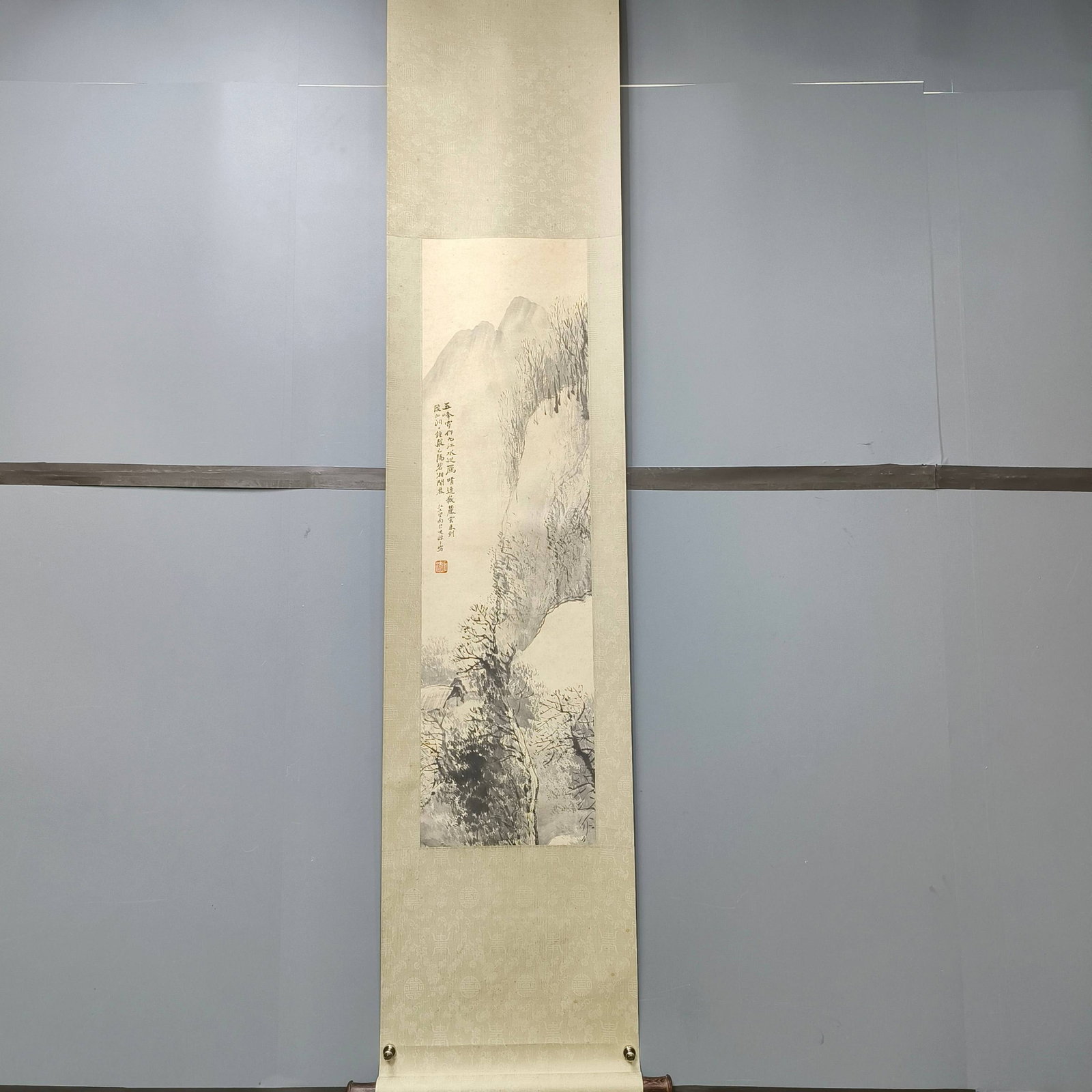A Chinese Vertical Scroll Ink Painting of Landscape on Paper: A Chinese Vertical Scroll Ink Painting of Landscape on Paper,Shi Tao,Size:11.4inx40.6in 一幅中国水墨山水画立轴,石涛