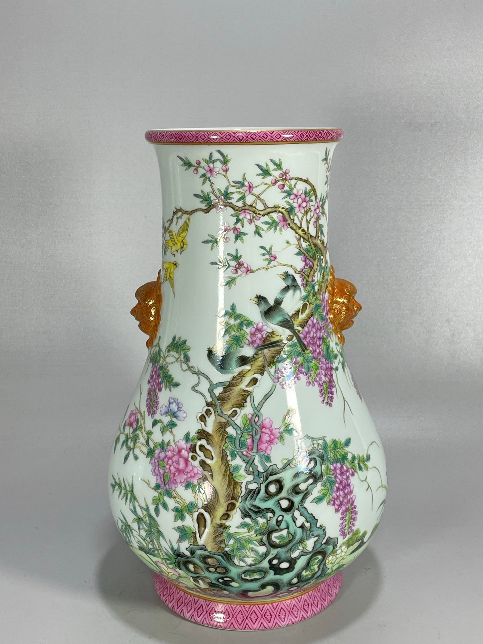 A Rare Famille-Rose Painted Gold Flower and Bird Pattern Beast-Ears Vase,with poem: A Rare Famille-Rose Painted Gold Flower and Bird Pattern Beast-Ears Vase,with poem,Qing Dynasty,China,Yongzheng Six-character Mark,Size:12.3inx7.5in 粉彩描金花鸟