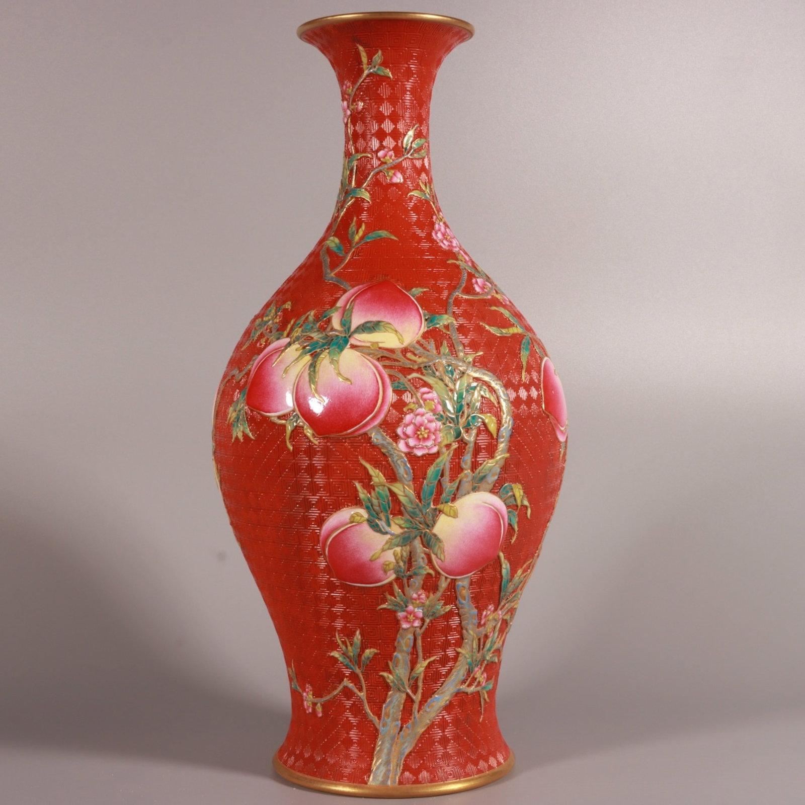 A Rare Iron-Red Enamel Painted Gold Peach Pattern Vase: A Rare Iron-Red Enamel Painted Gold Peach Pattern Vase,Qing Dynasty,China,Qianlong Six-character Mark,Size:12.9inx6.3in 矾红珐琅彩描金桃子纹