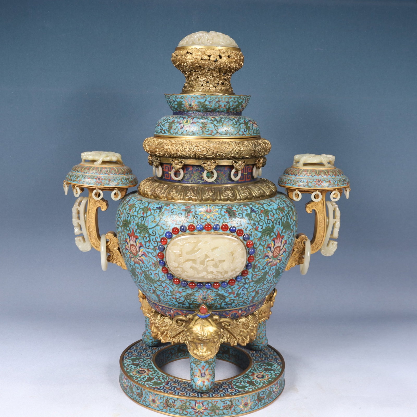 A Huge Cloisonne Inlaid White Jade Lotus,Auspicious Cloud and Dragon Pattern Double-Ears and Tripod: A Huge Cloisonne Inlaid White Jade Lotus,Auspicious Cloud and Dragon Pattern Double-Ears and Tripod Censer,Inlaid Gems,Qing Dynasty, China,Qianlong Six-character Mark,Size:17.3inx11.8inx22.4in,Weight:
