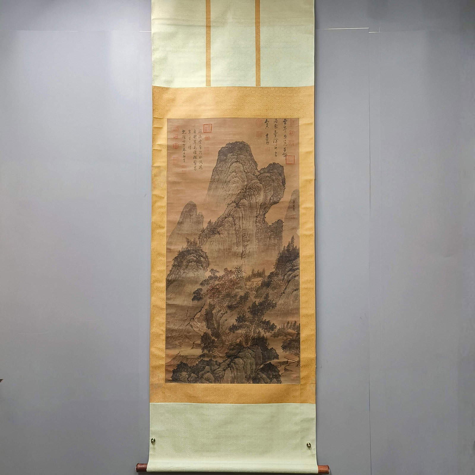 A Chinese Vertical Scroll Ink Painting of Landscape on Paper: A Chinese Vertical Scroll Ink Painting of Landscape on Paper,Li Tang,Size:50.4inx25.2in 一幅中国水墨山水画立轴,李唐