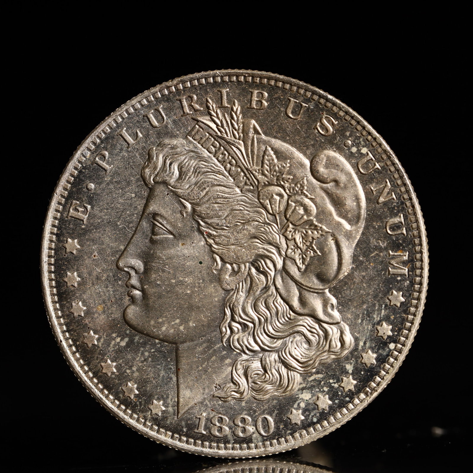 USA Morgan Dollar 1880 Coin: Obv: profile bust with date below and E PLURIBUS UNUM legend and stars around. Rev: eagle with In God we trust above within wreath with UNITED STATES OF AMERICA ONE DOLLAR legend. IN GOD WE TRUST / LI