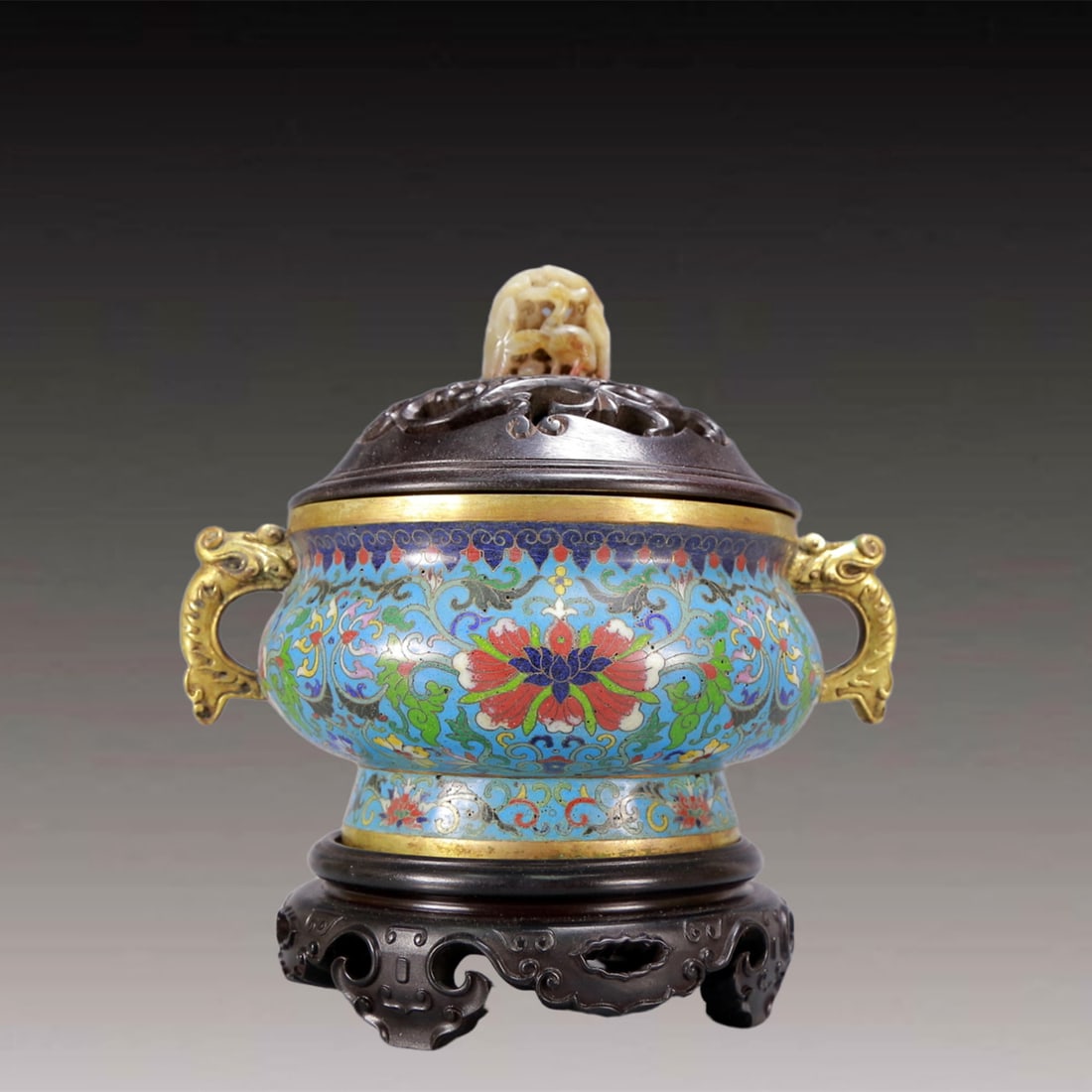 An Archaic Cloisonne Lotus Pattern Double-Ears Censer,with Zitanwood Inlaid White Jade Cover: An Archaic Cloisonne Lotus Pattern Double-Ears Censer,with Zitanwood Inlaid White Jade Cover,Qing Dynasty, China,Qianlong Four-character Mark,Size:6.7inx5.1inx7.5in,Weight:1100g