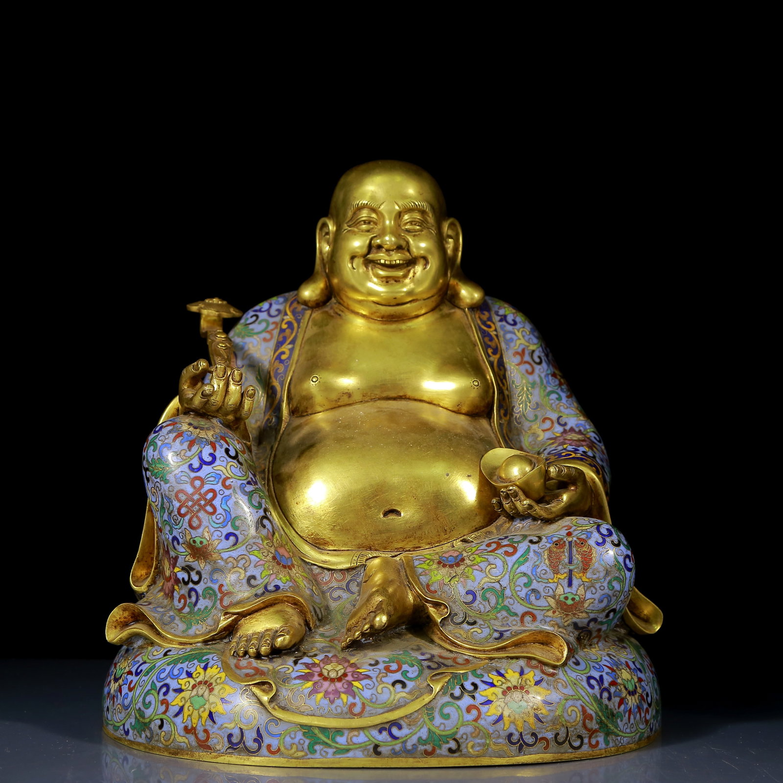 A Rare Cloisonne Statue of Maitreya Buddha: A Rare Cloisonne Statue of Maitreya Buddha,Qing Dynasty, China,Size:10.6inx10.2inx11.8in,Weight:8965g 景泰蓝弥勒佛像，清代
