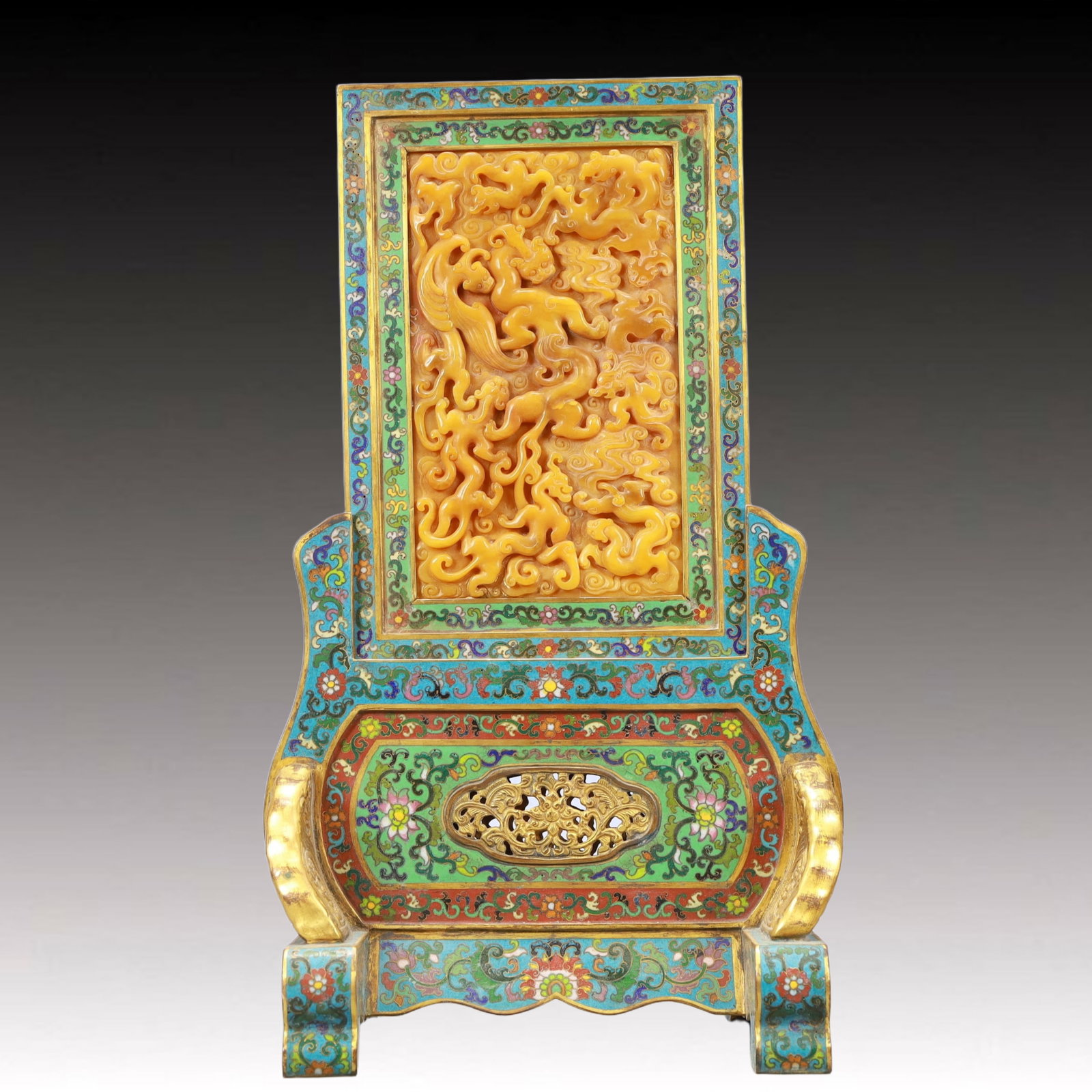 A Huge Cloisonne Inlaid Yellow Jade Chi-Dragon Pattern Table Screen: A Huge Cloisonne Inlaid Yellow Jade Chi-Dragon Pattern Table Screen,Qing Dynasty, China,Qianlong Four-character Mark,Size:8.7inx7.1inx16.5in,Weight:4500g 景泰蓝嵌黄஍