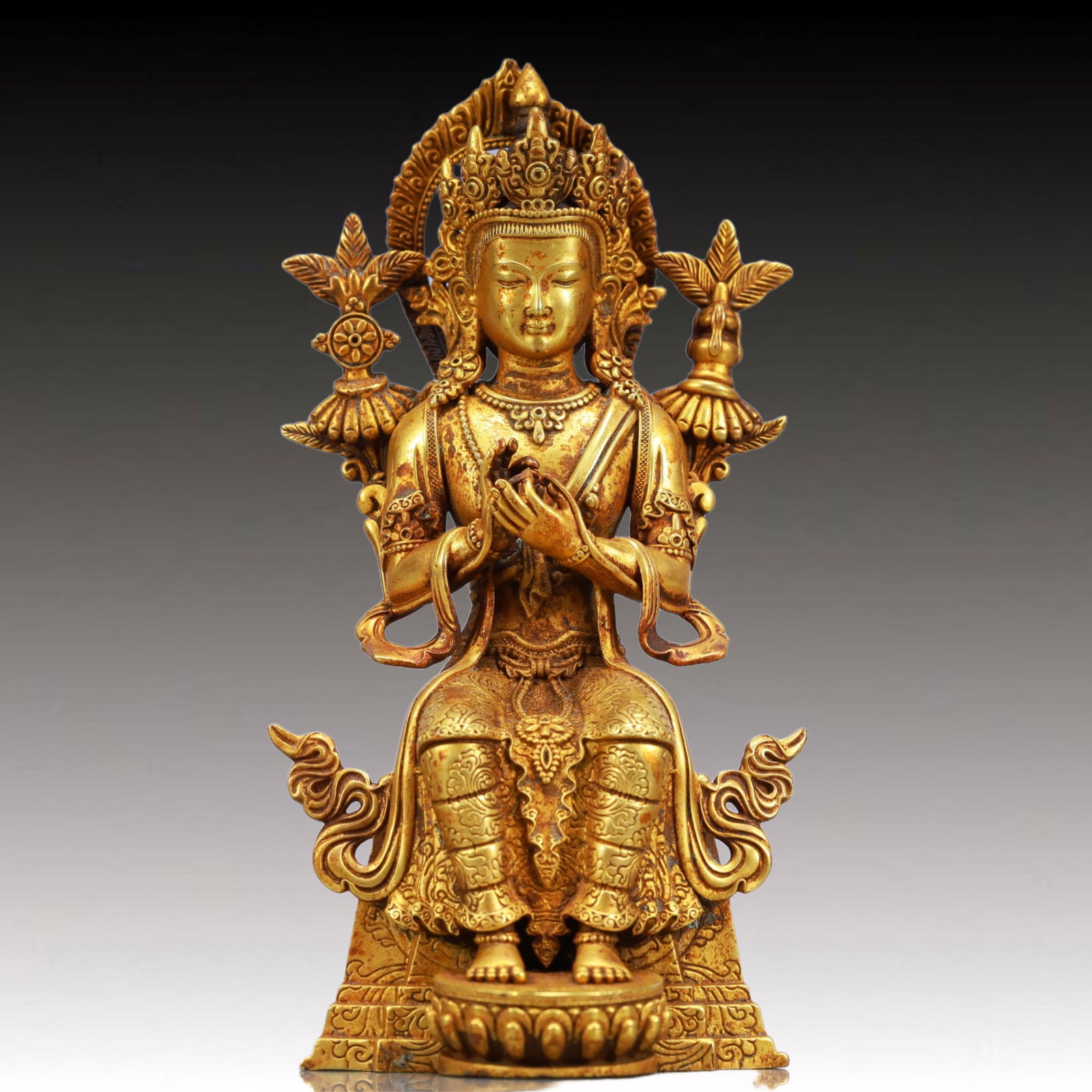 A Solemn Gilt Bronze Statue of Manjusri: A Solemn Gilt Bronze Statue of Manjusri,Ming Dynasty, China,Yongle Four-character Mark,Size:2.8inx2.7inx5.7in,Weight:830g 铜鎏金文殊菩萨像,中Þ