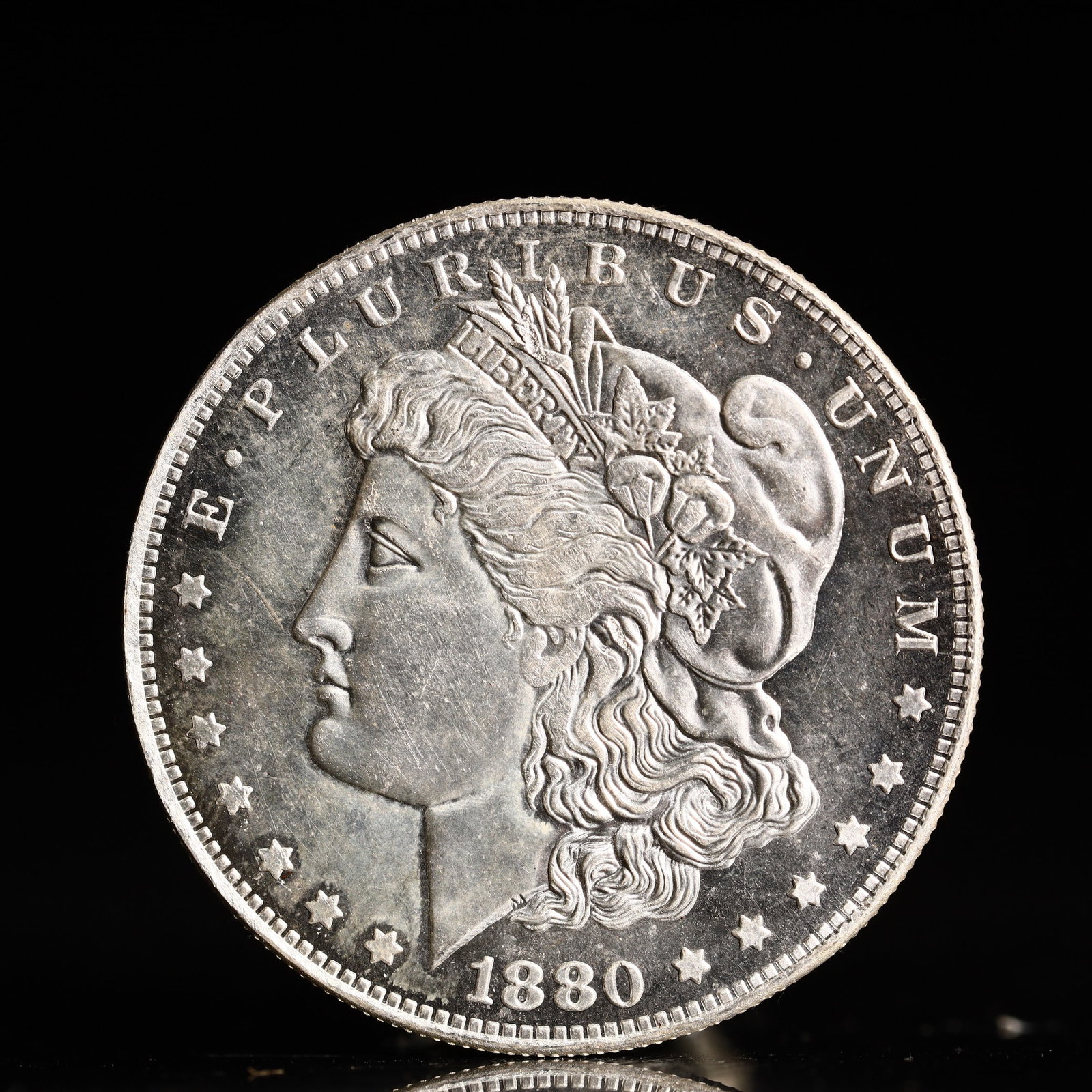 USA Morgan Dollar 1880 Coin: Obv: profile bust with date below and E PLURIBUS UNUM legend and stars around. Rev: eagle with In God we trust above within wreath with UNITED STATES OF AMERICA ONE DOLLAR legend. IN GOD WE TRUST / LI