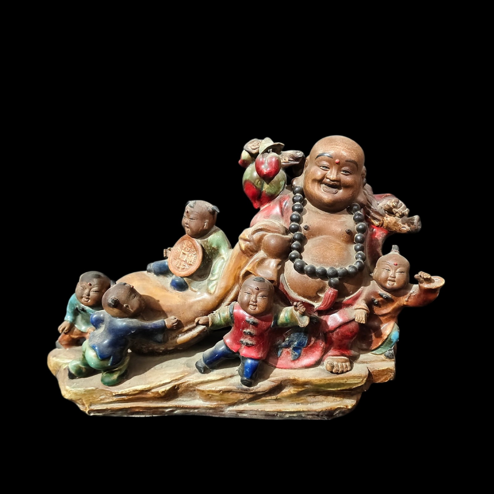 A Solemn Shiwan yao Statue of Maitreya Buddha: A Solemn Shiwan yao Statue of Maitreya Buddha,Qing Dynasty,China,With Mark,Size:15.7inx5.1inx10.6in 石湾窑弥勒佛像,中国清代,带&#