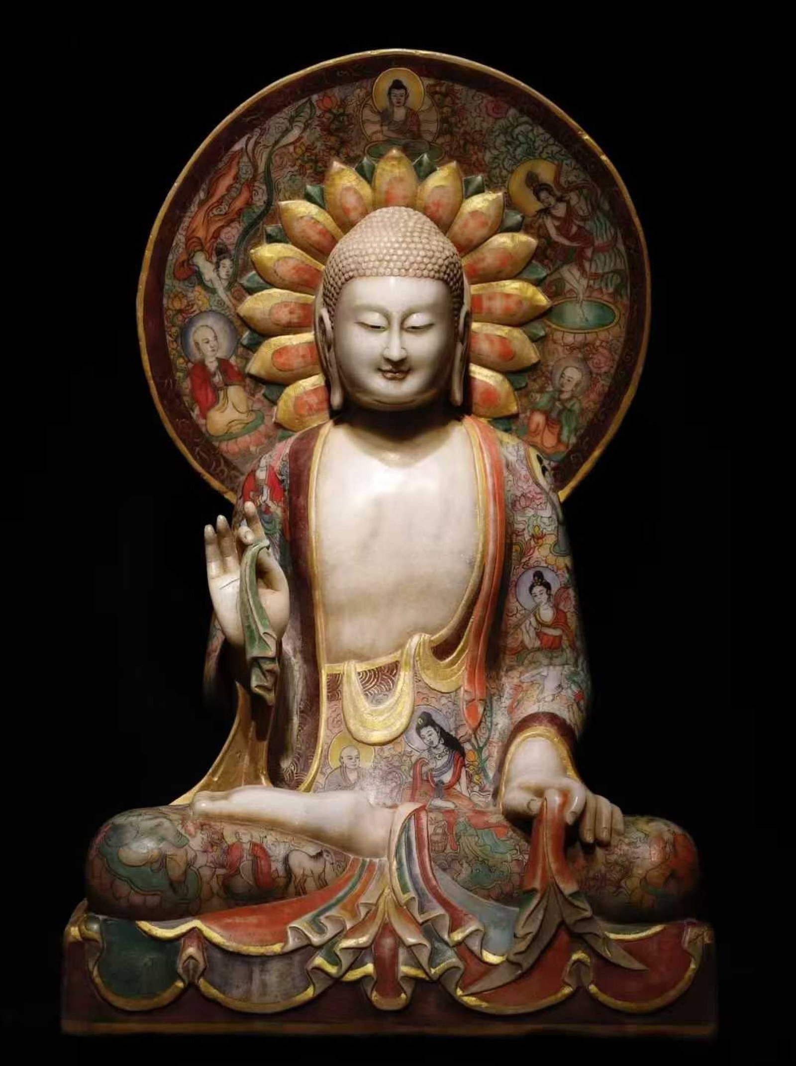 A Solemn Marble Painted Color Statue of Sakyamuni: A Solemn Marble Painted Color Statue of Sakyamuni,N.Qi,China,Size:31.5inx18.9inx13.8in