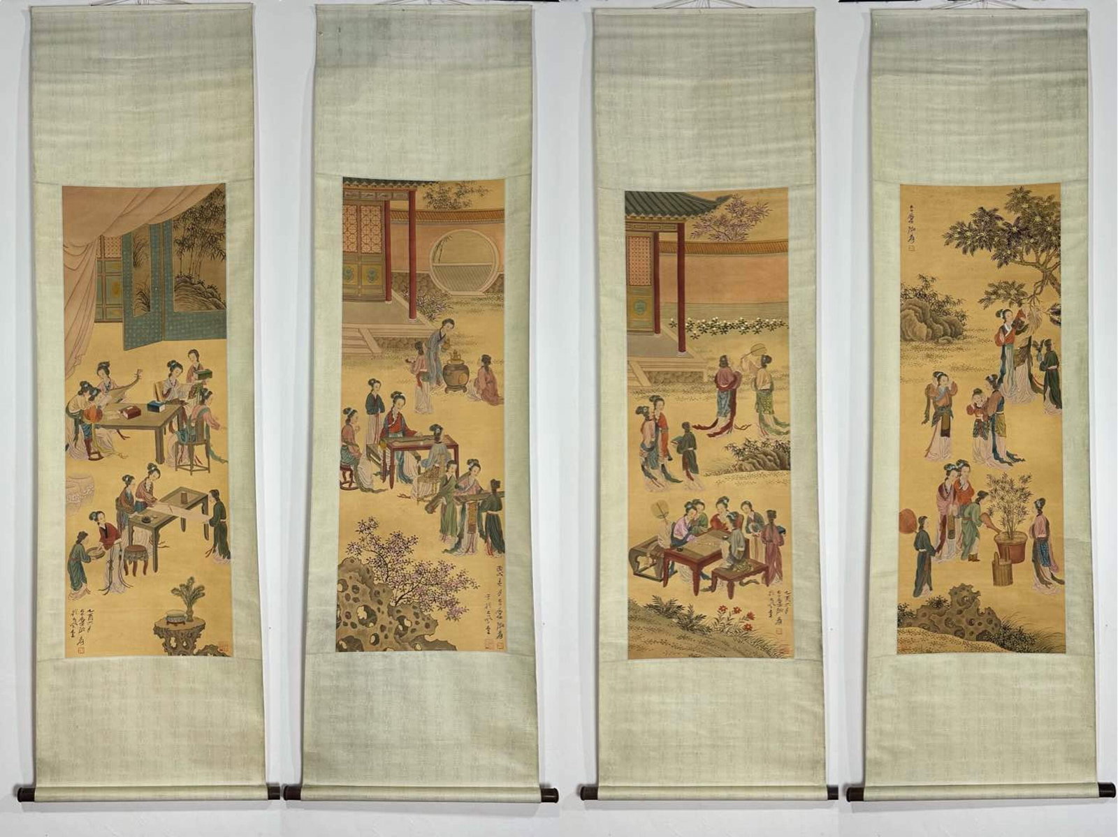 A Set of Chinese Vertical Scroll Ink Painting of Character and Story on Silk: A Set of Chinese Vertical Scroll Ink Painting of Character and Story on Silk,Zhang Daqian,Size:(entirety)82.7inx23.6in,(Without frame)49.6inx17.7in