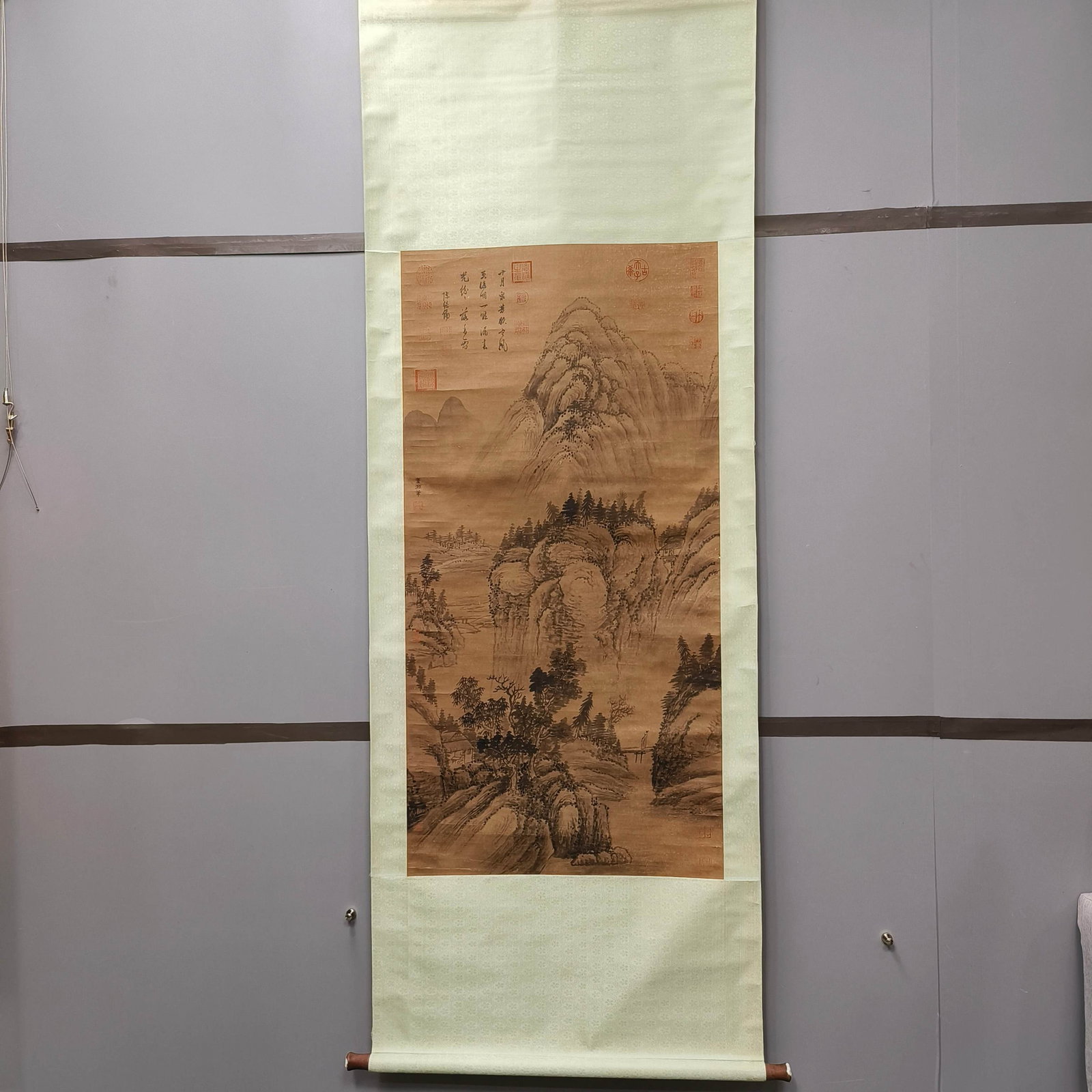 A Chinese Vertical Scroll Ink Painting of Landscape on Paper: A Chinese Vertical Scroll Ink Painting of Landscape on Paper,Dong Yuan,Size:50inx25.2in 一幅中国水墨山水画立轴,董源