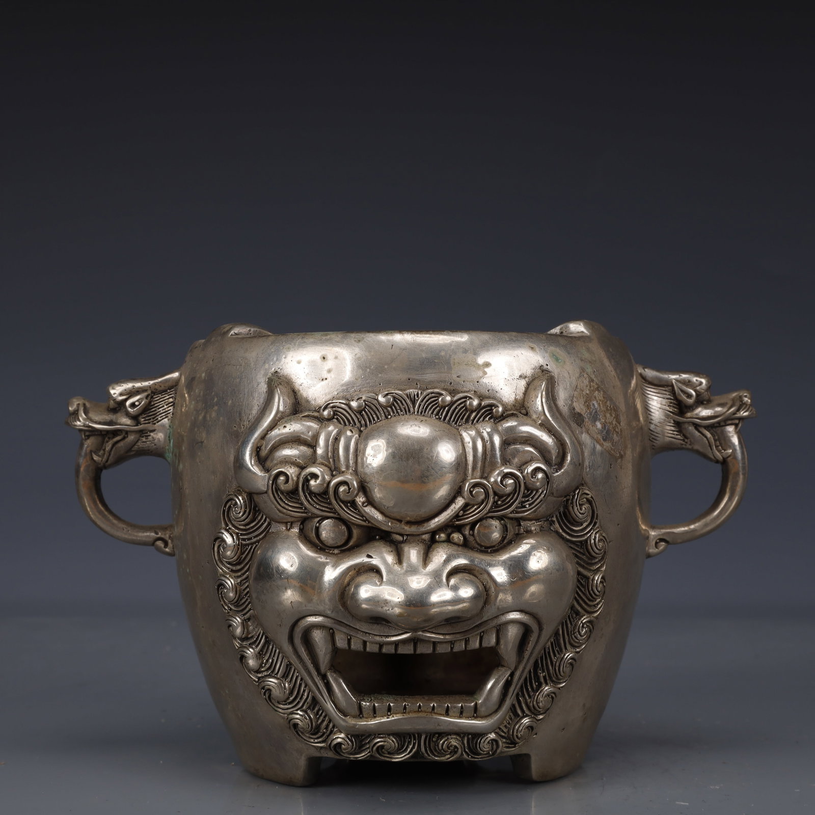 An Exquisite Silver-Plated Bronze Beast-Face Pattern Double-Ears Stove: An Exquisite Silver-Plated Bronze Beast-Face Pattern Double-Ears Stove,The Republic of China,Size:7.9inx5.9inx4.7in,Weight:1500
