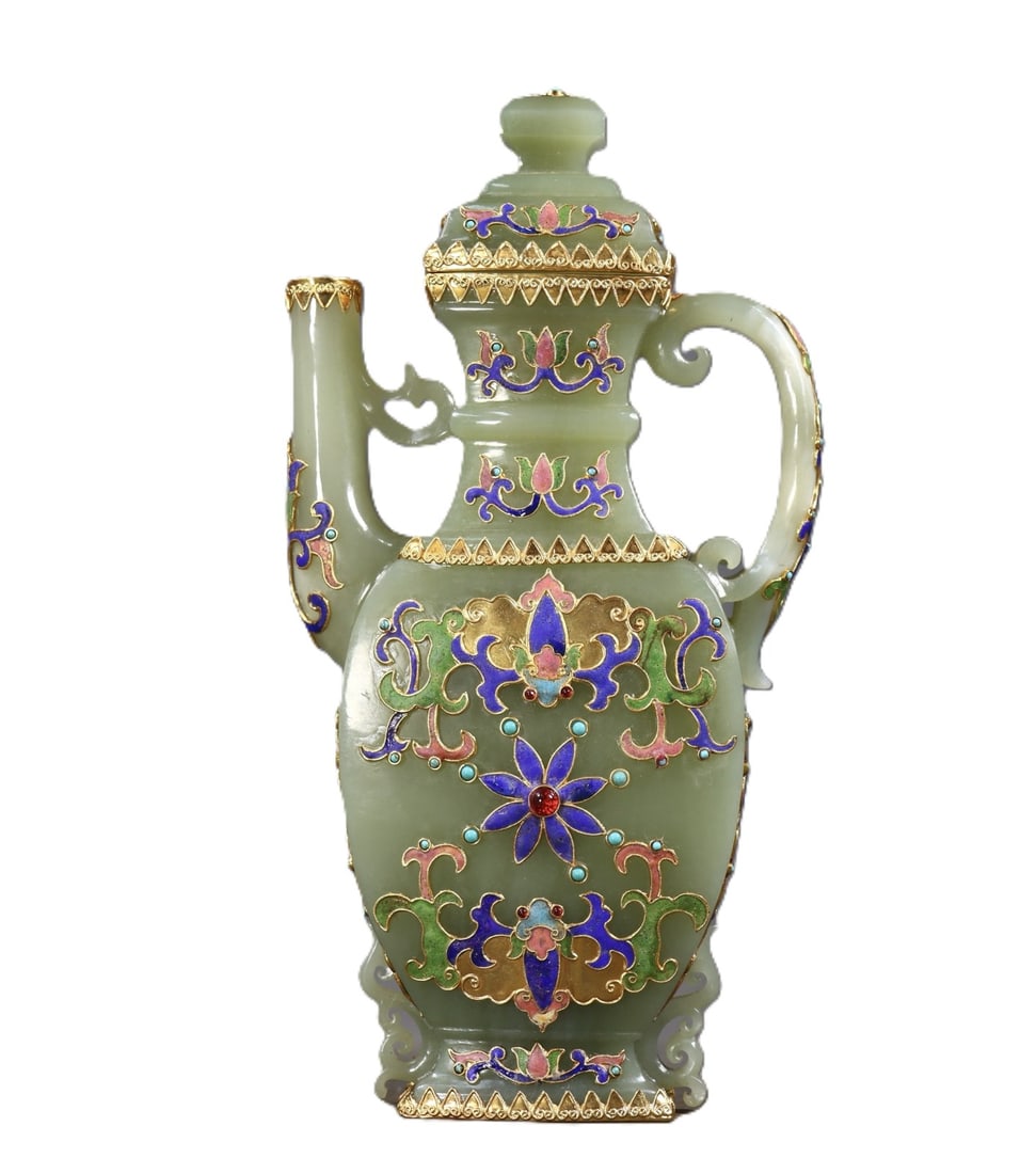 An Exquisite Greenish Jade Cover with Gold Flower Pattern Ewer (1 of 9)