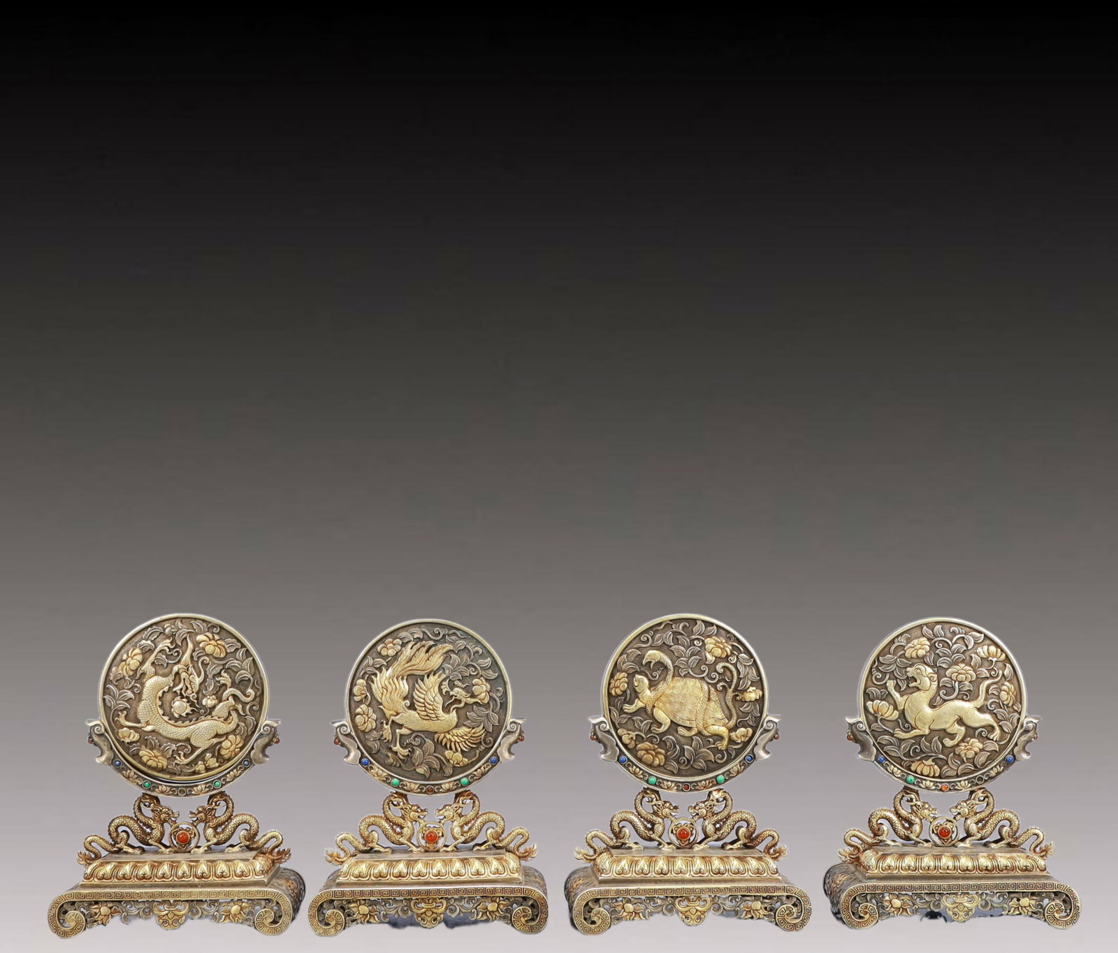 A Set of Rare Gilt Silver Auspicious Beast Pattern Table Screens,Inlaid Turquoise (1 of 17)