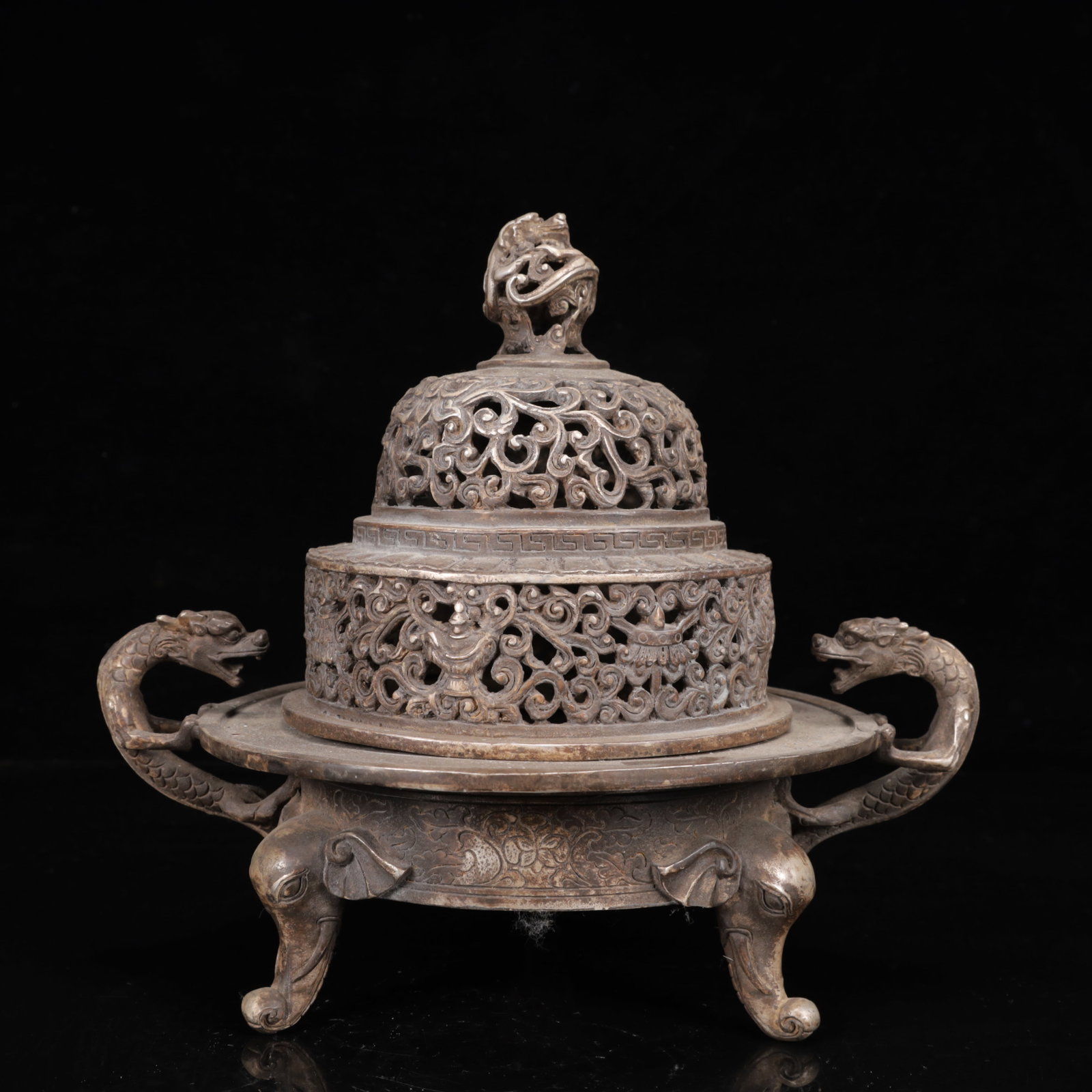 An Exquisite Silver-Plated Bronze Flower Pattern Dragon-Ears and Beast-Ears Censer: An Exquisite Silver-Plated Bronze Flower Pattern Dragon-Ears and Beast-Ears Censer,Qing Dynasty,China,Size:10.6inx7.9inx9.4in,Weight:2650g