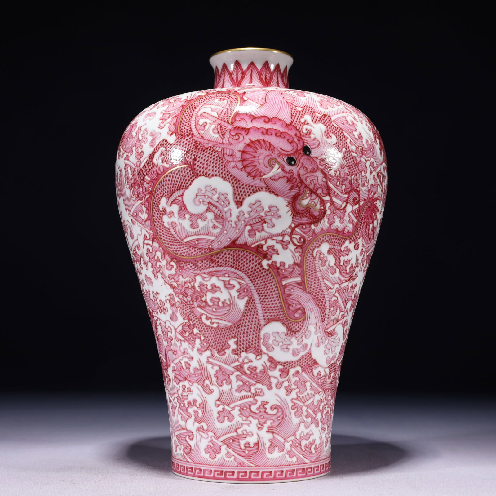 An Exquisite Ruby Red-Glazed Painted Gold Seawater and Dragon Pattern Vase (1 of 9)