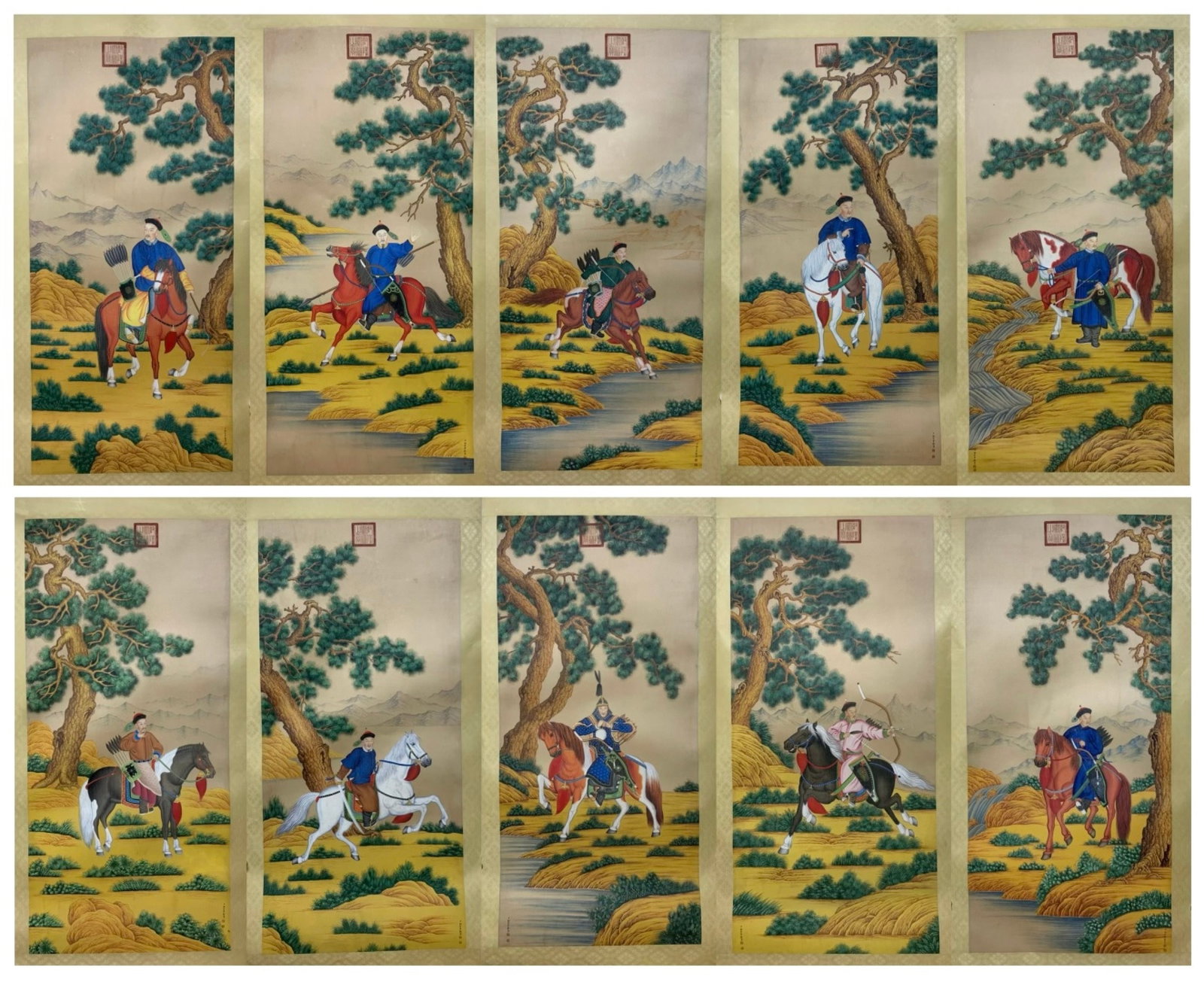 A Set of Chinese Ink Painting of Character and Story on Silk: A Set of Chinese Ink Painting of Character and Story on Silk,Lang Shining,Size:(entirety)67.7inx32.7in,(Without frame)54.3inx26.8in
