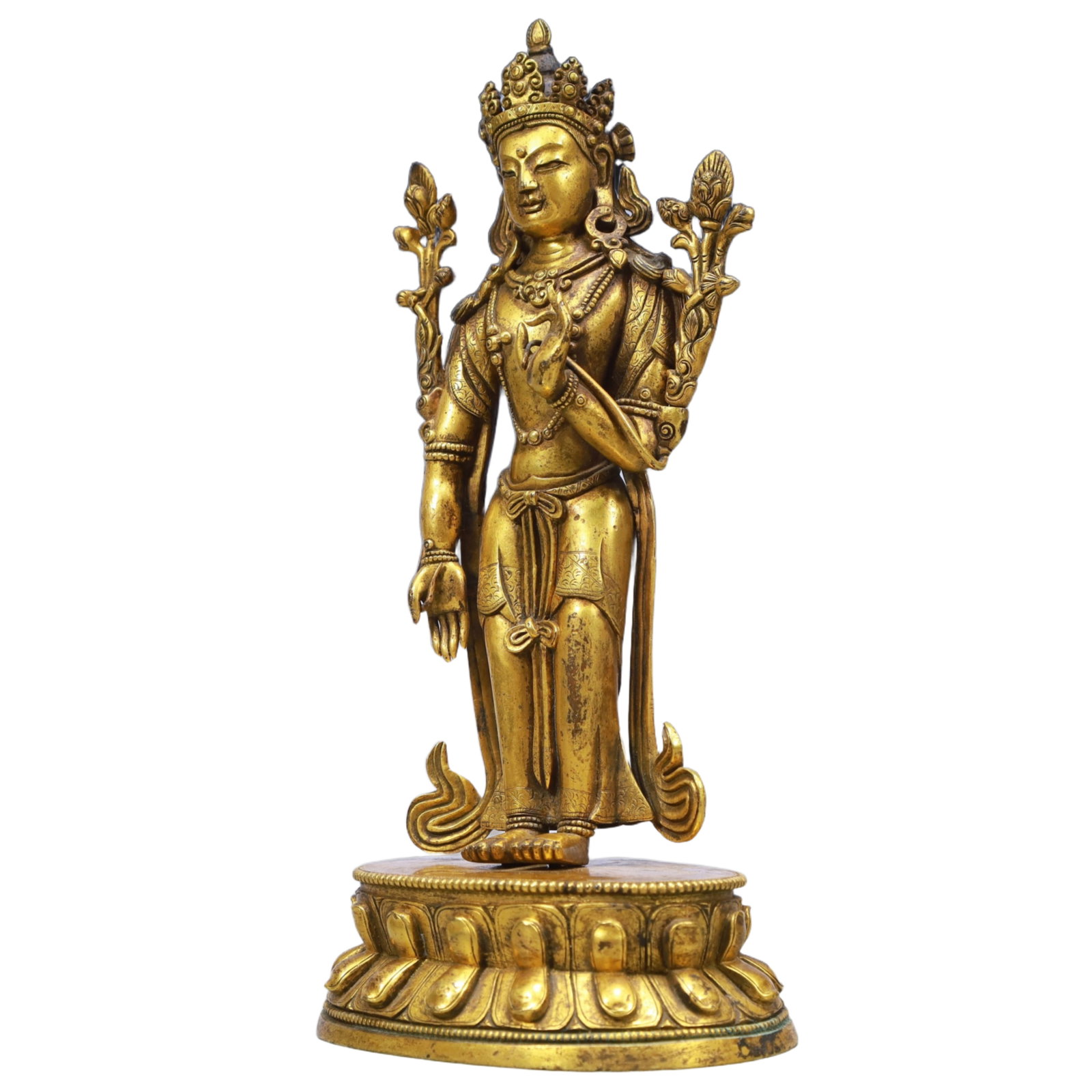 A Solemn Gilt Bronze Statue of Avalokitesvara: A Solemn Gilt Bronze Statue of Avalokitesvara,Qing Dynasty, China,Size:4.1inx3inx8.7in,Weight:1100g 铜鎏金观音像,中国清代