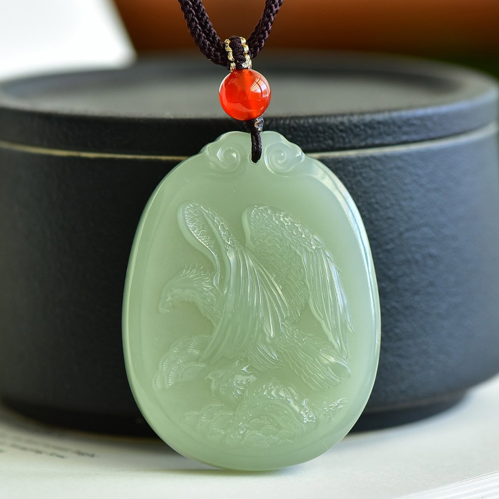 An Exquisite Greenish Jade Eagle Pattern Pendant: An Exquisite Greenish Jade Eagle Pattern Pendant,Size:1.7inx2.2in 青玉鹰纹挂件