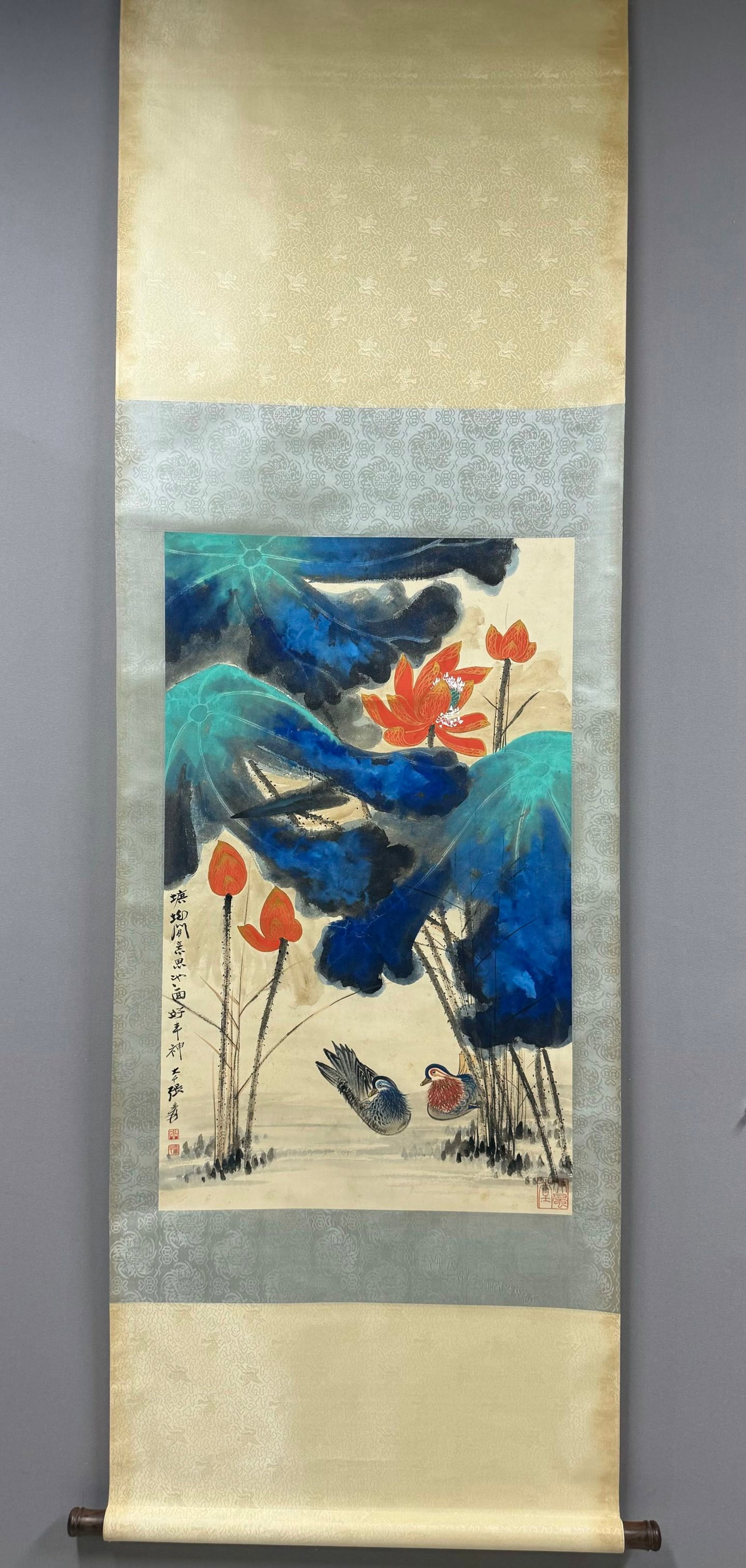 A Chinese Vertical Scroll Ink Painting of Lotus on Paper: A Chinese Vertical Scroll Ink Painting of Lotus on Paper,Zhang Daqian,Size:36.2inx22in 一幅中国水墨荷花画立轴,张大千