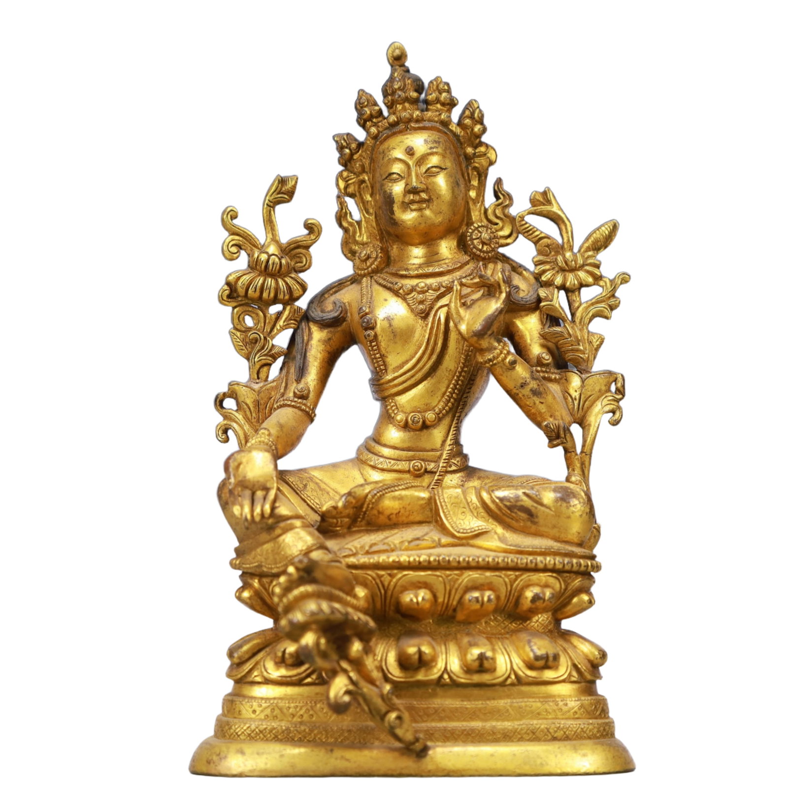 A Solemn Gilt Bronze Statue of Tara: A Solemn Gilt Bronze Statue of Tara,Qing Dynasty, China,Size:3.7inx2.6inx6.7in,Weight:1200g 铜鎏金度母像,中国清代
