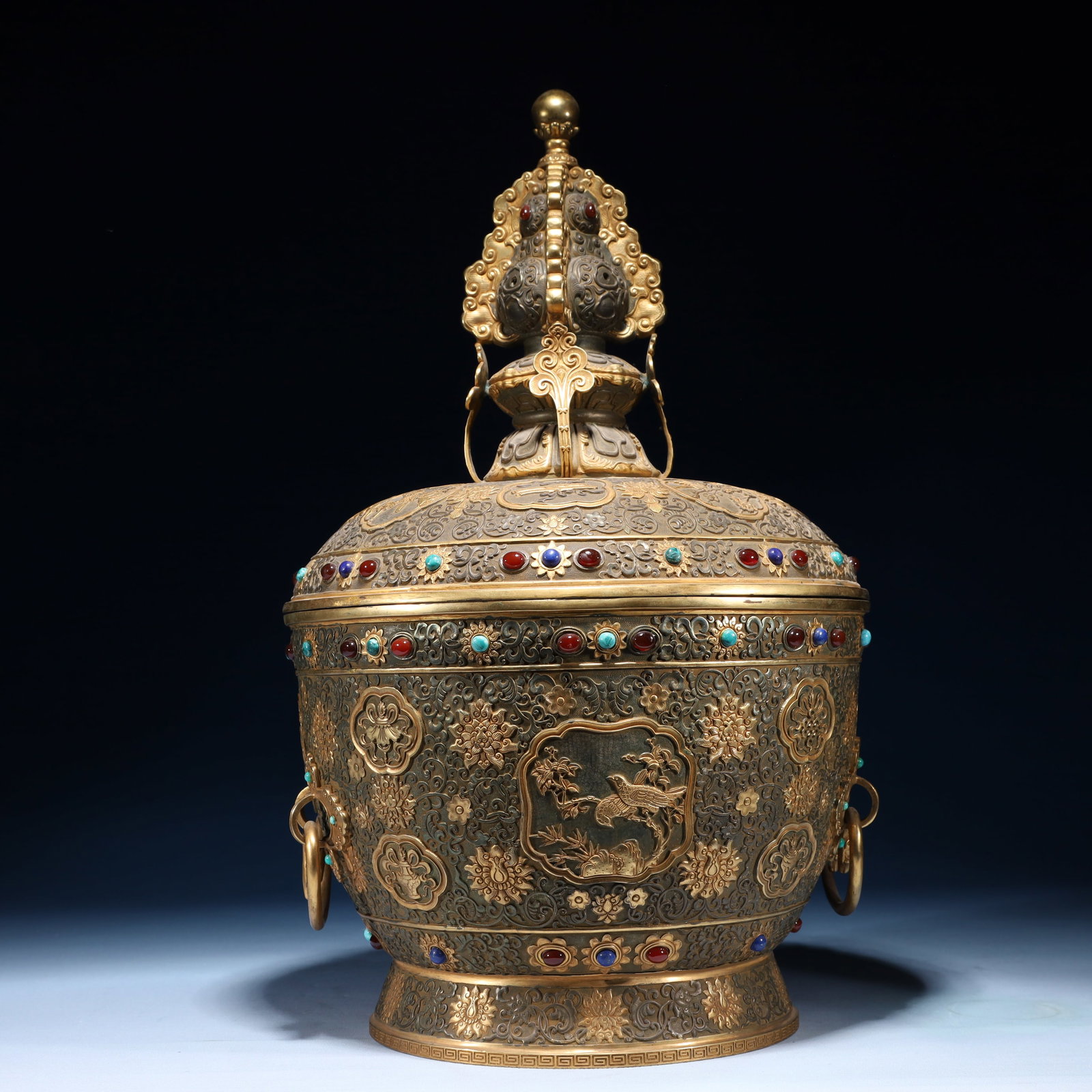 An Exquisite Silver-Gilt Bronze Flower and Bird Pattern Double-Ears Jar with Cover,Inlaid Gems: An Exquisite Silver-Gilt Bronze Flower and Bird Pattern Double-Ears Jar with Cover,Inlaid Gems,Qing Dynasty,China,Qianlong Four-character Mark,Size:11inx18.9inx11in,Weight:8750g 铜鎏ດ