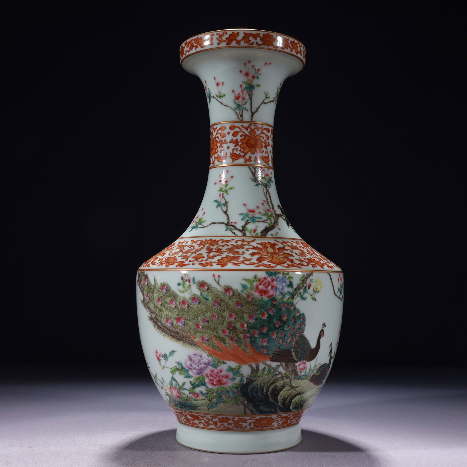 An Exquisite Famille-Rose Painted Gold Flower and Peacock Pattern Vase,with poem: An Exquisite Famille-Rose Painted Gold Flower and Peacock Pattern Vase,with poem,Qing Dynasty,China,Qianlong Six-character Mark,Size:6.7inx14.2in,Weight:1950g 粉彩描金花&
