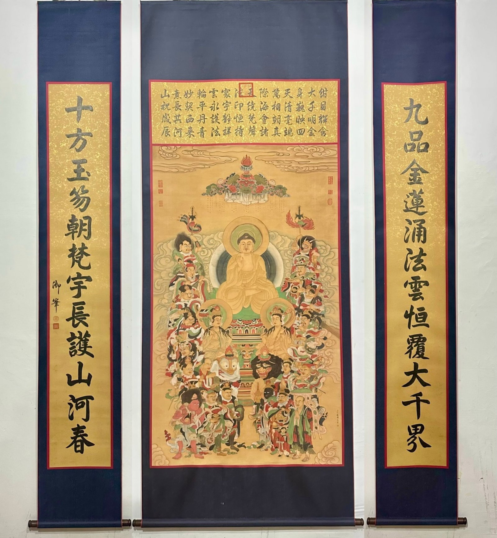 A Set of Chinese Vertical Scroll Ink Painting of Buddha Statue on Silk: A Set of Chinese Vertical Scroll Ink Painting of Buddha Statue on Silk,Ding Guanpeng,Size:(entirety)112.2inx45.3in,(Without frame)68.1inx40.6in