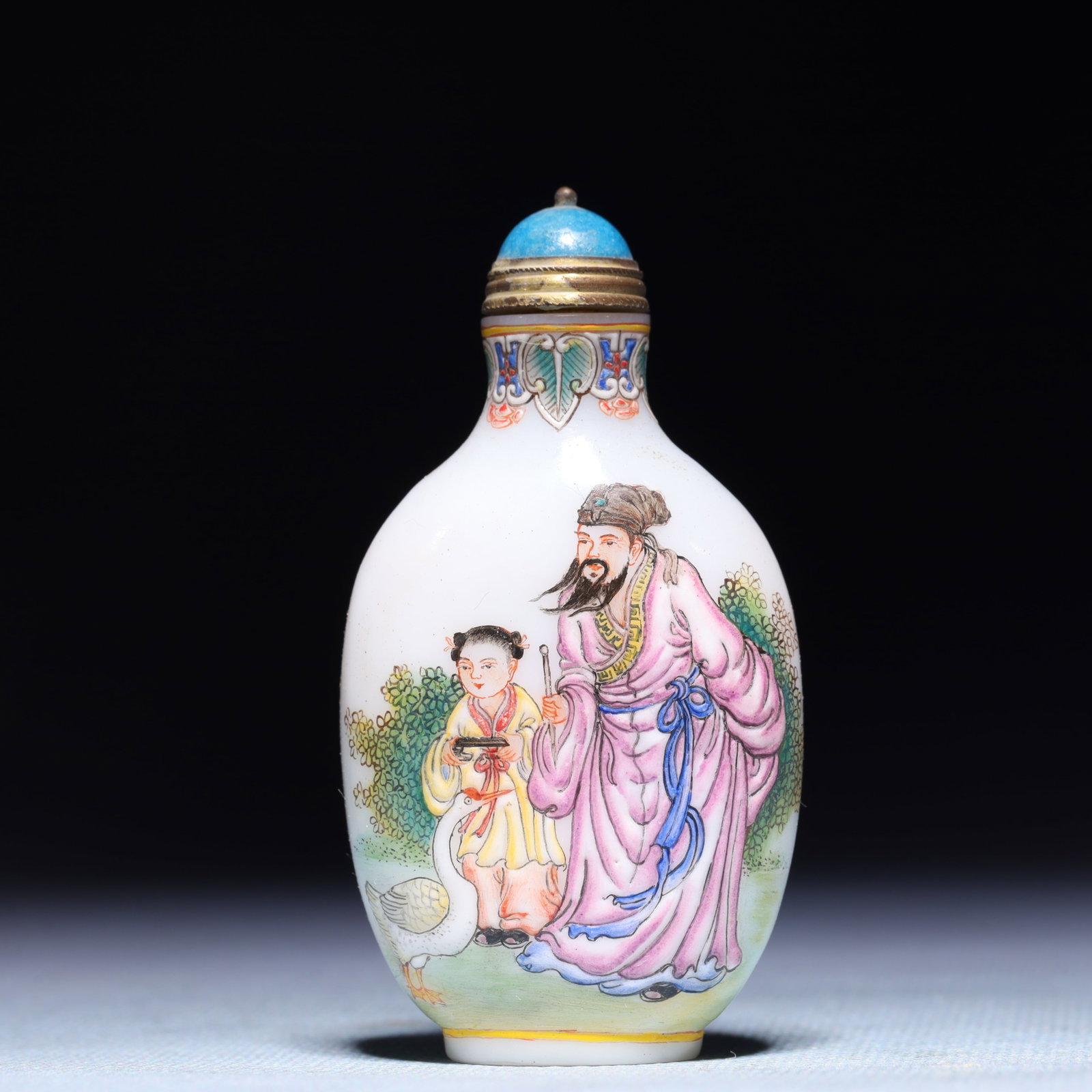 An Exquisite Glass Figure Pattern Snuff Bottle: An Exquisite Glass Figure Pattern Snuff Bottle,Qing Dynasty,China,Qianlong Four-character Mark,Size:1.6inx0.8inx3in,Weight:62g