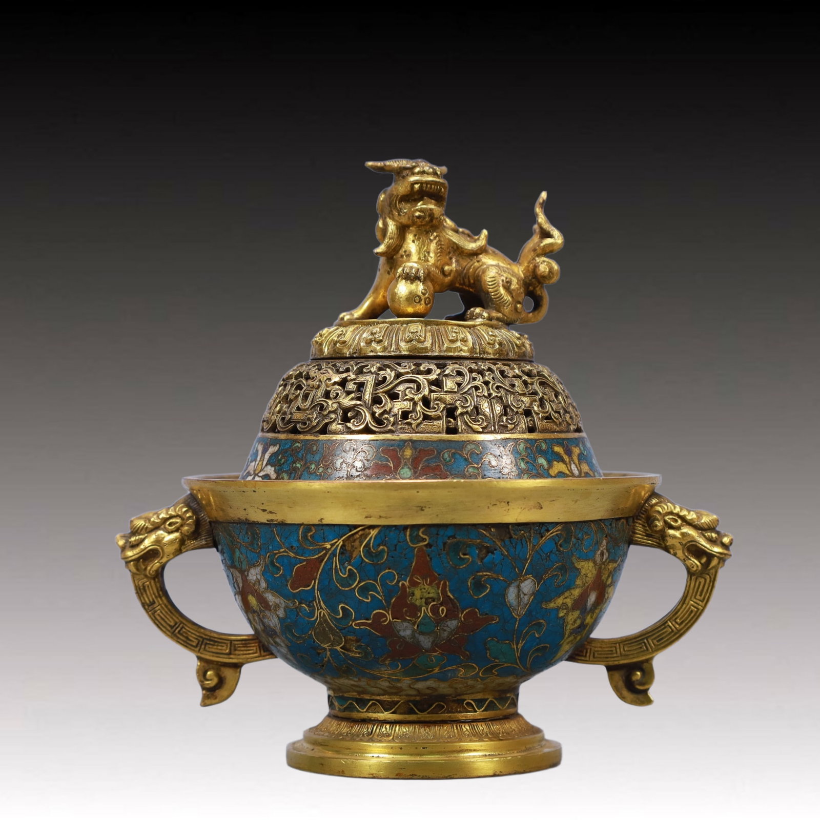 An Exquisite Cloisonne Lotus and Lion Pattern Double-Ears Censer: An Exquisite Cloisonne Lotus and Lion Pattern Double-Ears Censer,Qing Dynasty, China,Size:6.7inx4.9inx6.3inWeight:950g