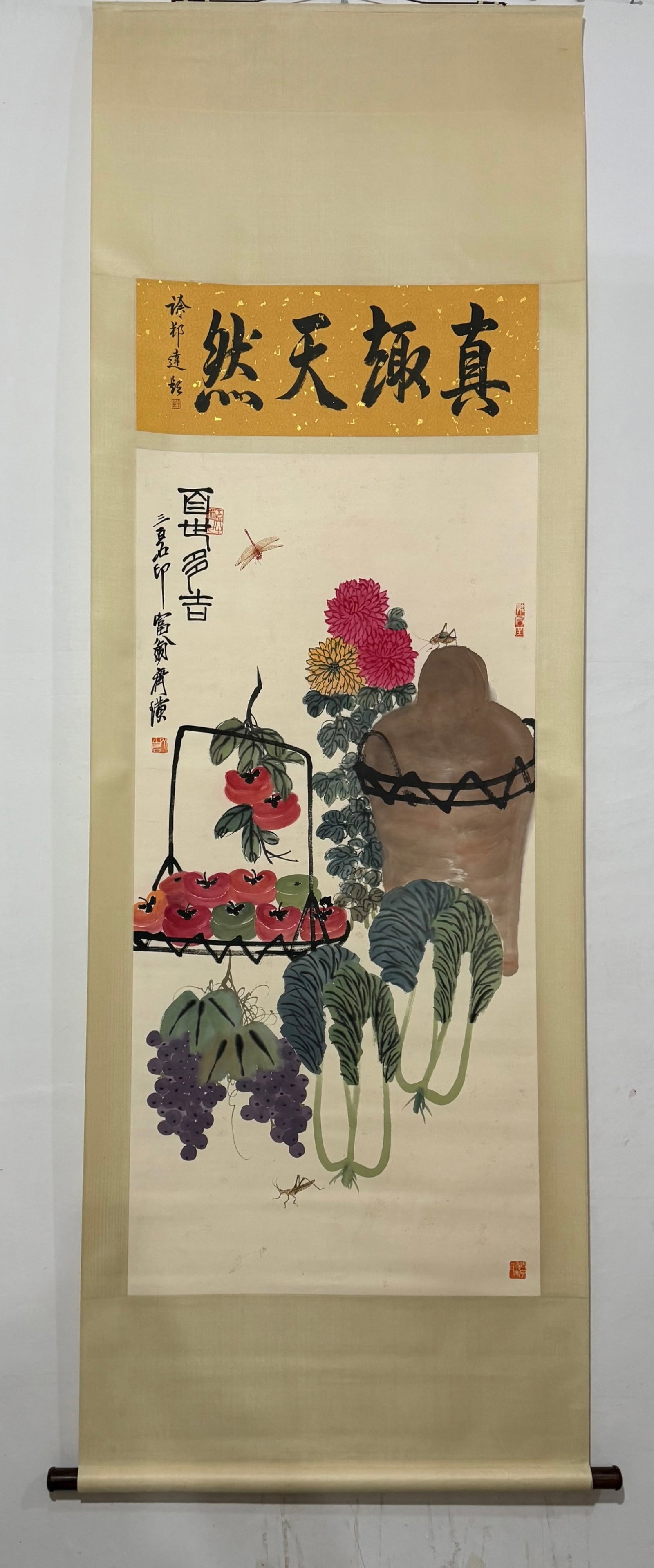 A Chinese Vertical Scroll Ink Painting of Flower and Fruit on Paper: A Chinese Vertical Scroll Ink Painting of Flower and Fruit on Paper,Qi Baishi,Size:(entirety)32.3inx95.3in,(Without frame)26.4inx54.3in 一幅中国水墨花果