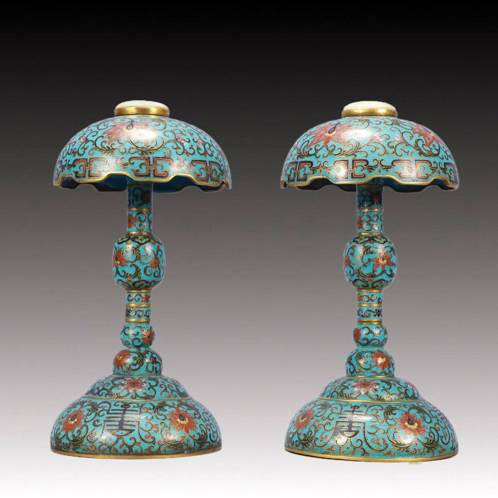 A Pair of Exquisite Cloisonne Lotus Pattern Hatstands,Inlaid White Jade: A Pair of Exquisite Cloisonne Lotus Pattern Hatstands,Inlaid White Jade,Qing Dynasty,China,Qianlong Four-character Mark,Size:5.5inx9.8in,Total Weight:2000g