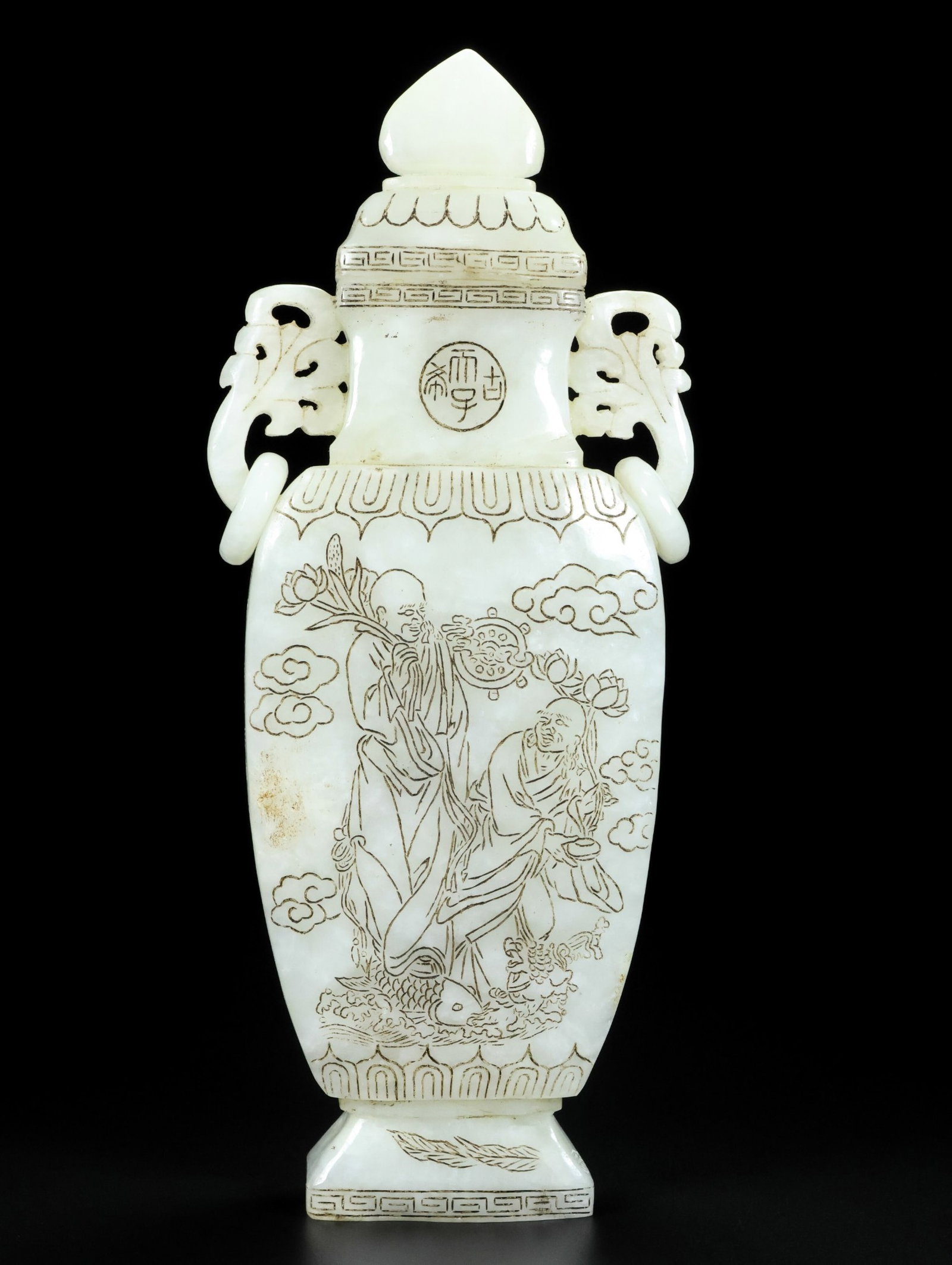 An Exquisite White Jade Character and Story Pattern Double-Ears Vase,with poem: An Exquisite White Jade Character and Story Pattern Double-Ears Vase,with poem,Qing Dynasty,China,Qianlong Four-character Mark,Size:10.6inx4.7inx1.6in,Weight:1108g 白玉人物