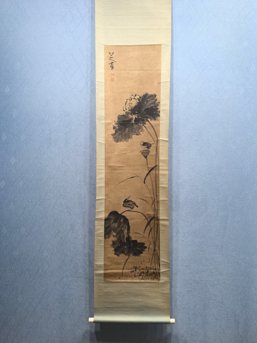A Chinese Vertical Scroll Ink Painting of Flower and Bird on Paper,Bada Shanren: A Chinese Vertical Scroll Ink Painting of Flower and Bird on Paper,Bada Shanren,Size:12.8inx53.5in 一幅中国水墨花鸟画立轴,八