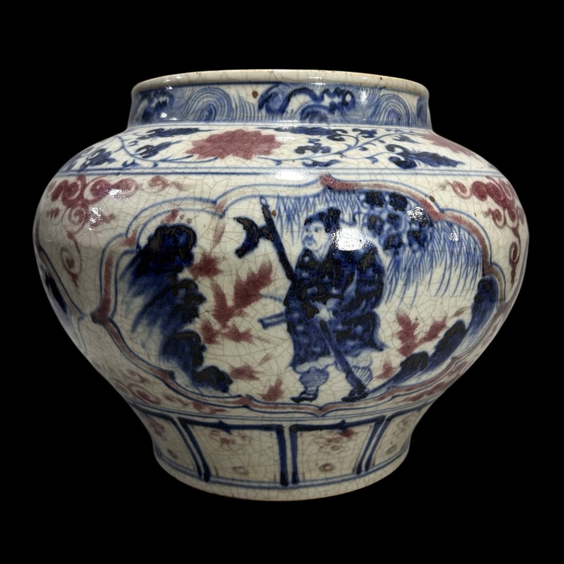 An Exquisite Blue and White Underglaze-Red Lotus and Figure Pattern Jar: An Exquisite Blue and White Underglaze-Red Lotus and Figure Pattern Jar,Qing Dynasty,China,Size:9.6inx10.2in