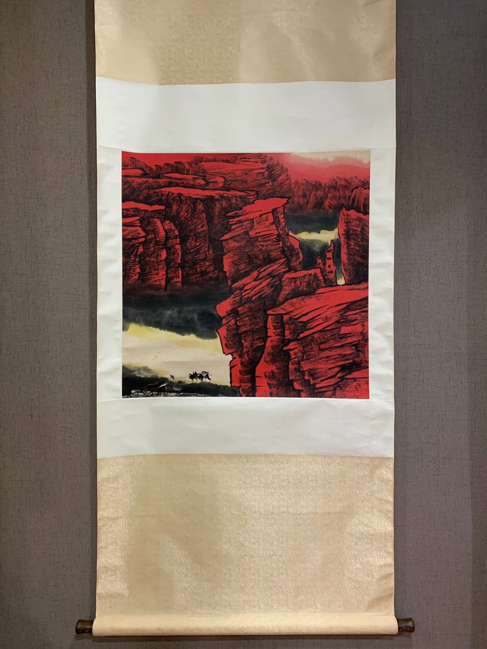A Chinese Vertical Scroll Ink Painting of Landscape and Figure on Paper: A Chinese Vertical Scroll Ink Painting of Landscape and Figure on Paper,Zhou Zunsheng,Size:26.8inx26.8in 一幅中国水墨山水人物画立
