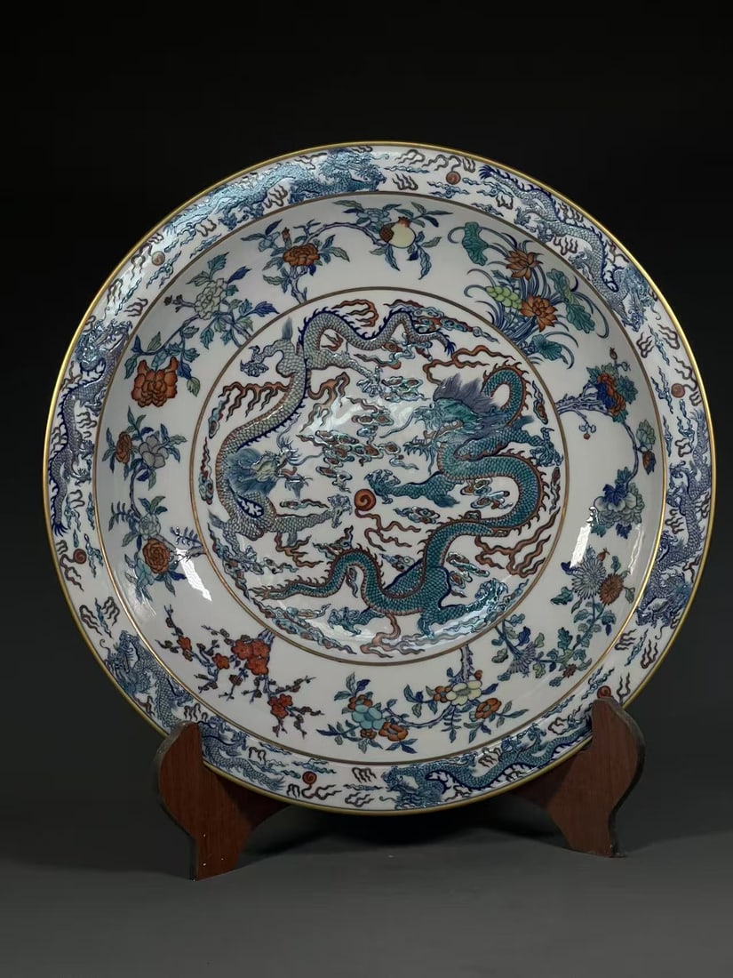 A Huge Blue and White Doucai Painted Gold Flower,Auspicious Cloud and Dragon Pattern Plate: A Huge Blue and White Doucai Painted Gold Flower,Auspicious Cloud and Dragon Pattern Plate,Qing Dynasty,China,Yongzheng Six-character Mark,Size:3.5inx17.5inx9.9in 青花斗彩ÿ