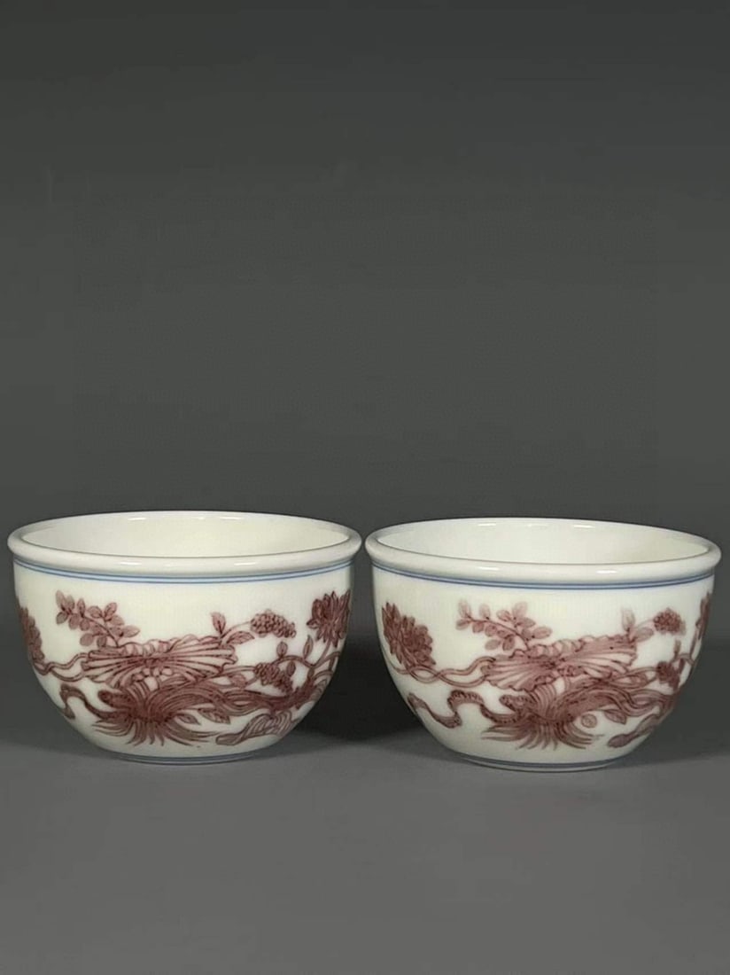 A Pair of Exquisite Underglaze-Red Lotus Pattern Cups: A Pair of Exquisite Underglaze-Red Lotus Pattern Cups,Qing Dynasty,China,Size:2.2inx3.4inx1.8in 一对釉里红莲花纹杯,中国清代