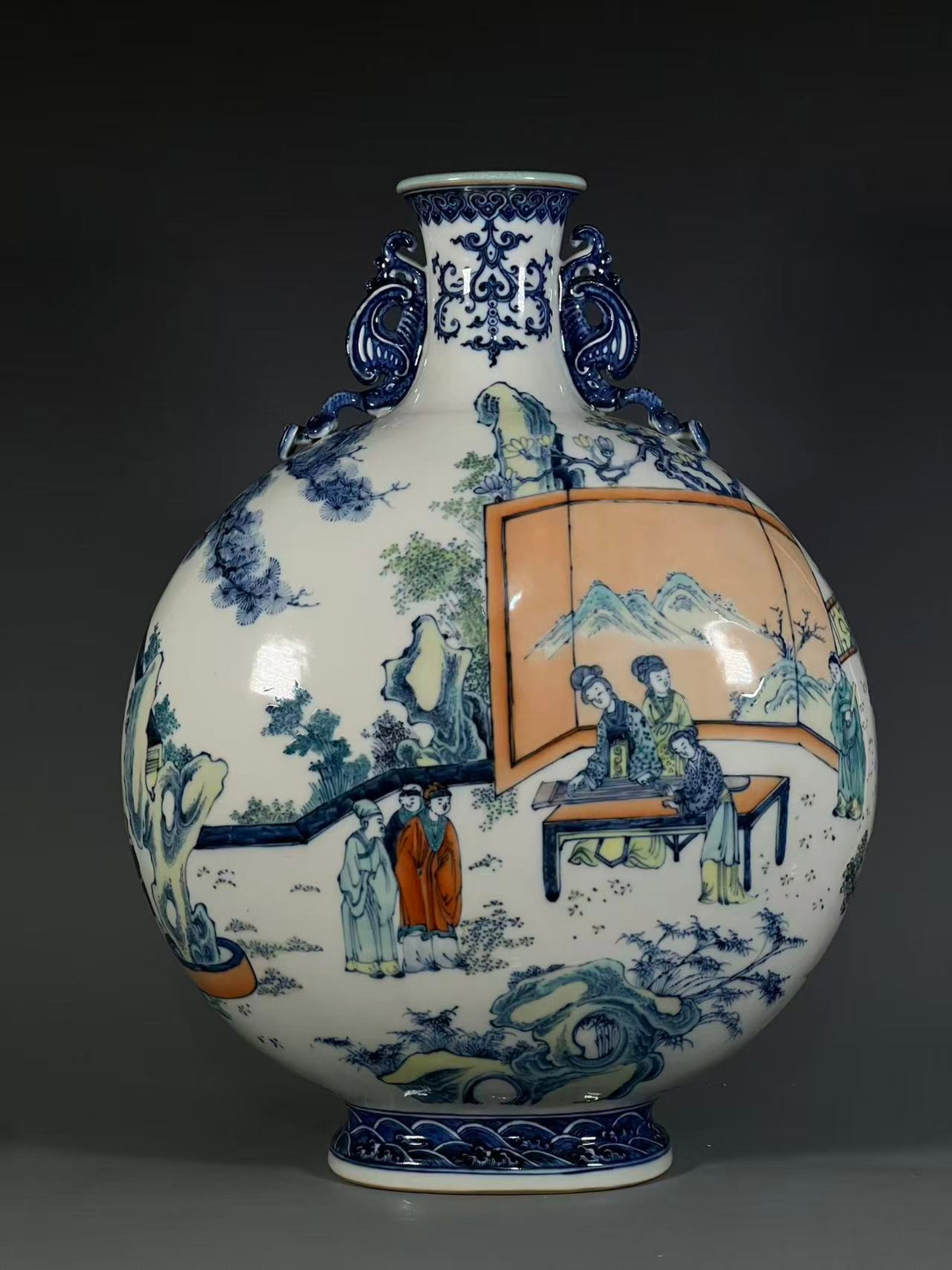 A Huge Blue and White Jiacai Character and Story Pattern Double-Ears Vase: A Huge Blue and White Jiacai Character and Story Pattern Double-Ears Vase,Qing Dynasty,China,Qianlong Six-character Mark,Size:20.1inx7in 青花加彩人物故事