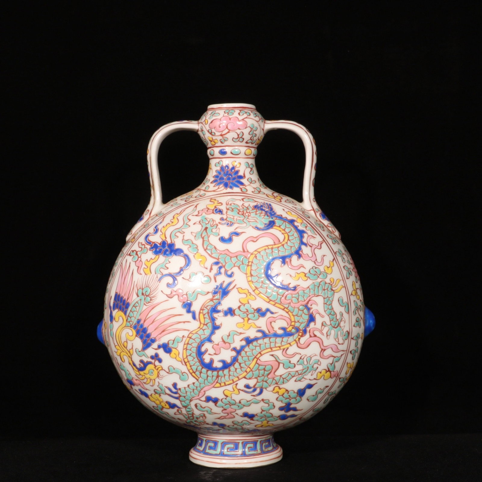 An Exquisite Wucai Dragon and Phoenix Pattern Double-Ears Vase: An Exquisite Wucai Dragon and Phoenix Pattern Double-Ears Vase,Ming Dynasty,China,Yongle Four-character Mark,Size:11inx9.1in 五彩龙凤纹双耳瓶,中&#