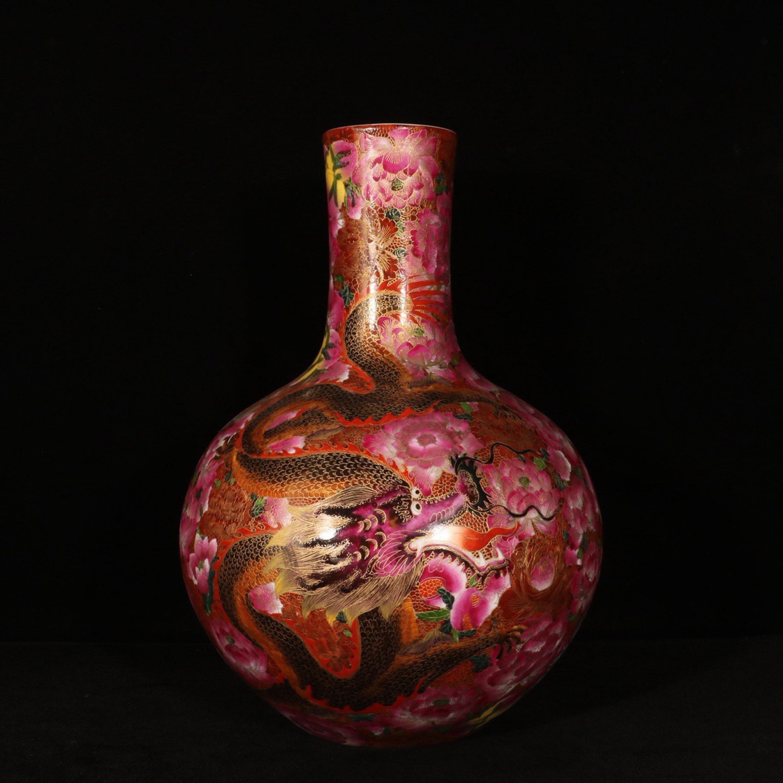 A Rare Enamel Flower and Dragon Pattern Vase: A Rare Enamel Flower and Dragon Pattern Vase,Qing Dynasty,China,Qianlong Six-character Mark,Size:15.2inx11in 珐琅彩花卉龙纹瓶,中国清&#