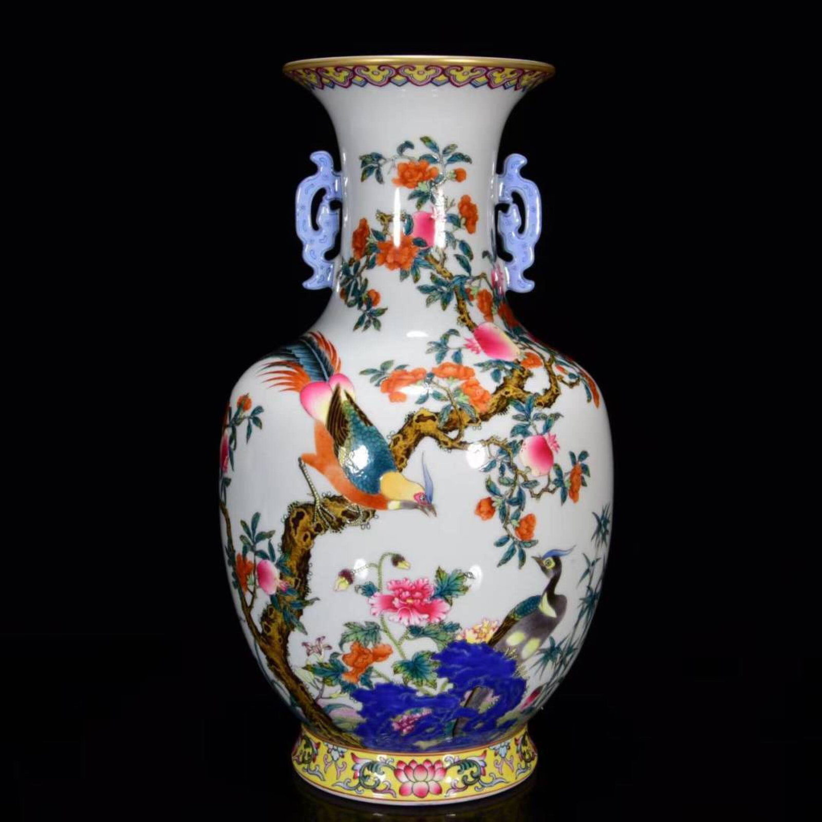 A Rare Famille-Rose Flower and Bird Pattern Double-Ears Vase,with poem: A Rare Famille-Rose Flower and Bird Pattern Double-Ears Vase,with poem,Qing Dynasty,China,Qianlong Six-character Mark,Size:12.6inx6.7in