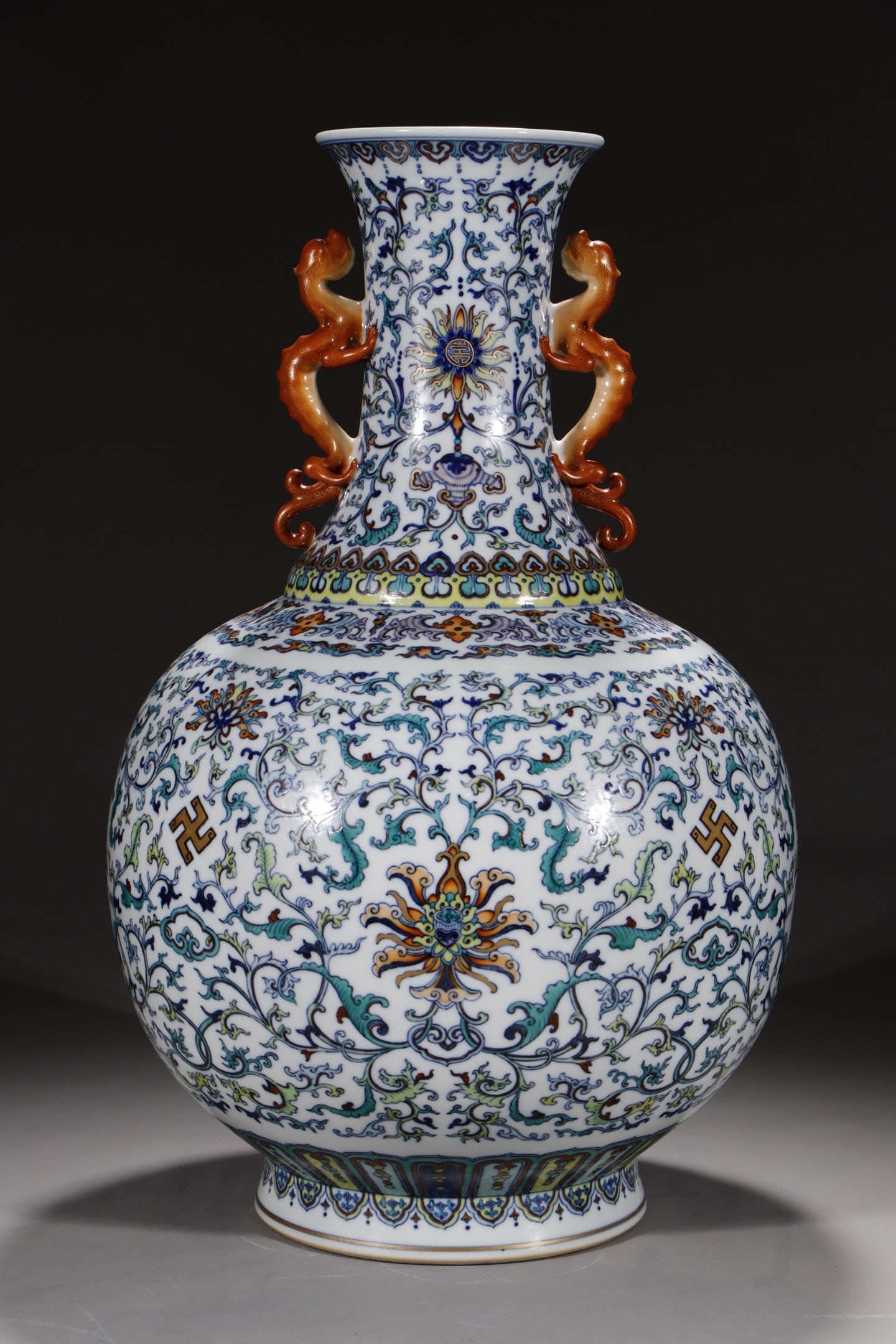 A Huge Blue and White Doucai Lotus Pattern Dragon-Ears Vase: A Huge Blue and White Doucai Lotus Pattern Dragon-Ears Vase,Qing Dynasty,China,Qianlong Six-character Mark,Size:20.7in