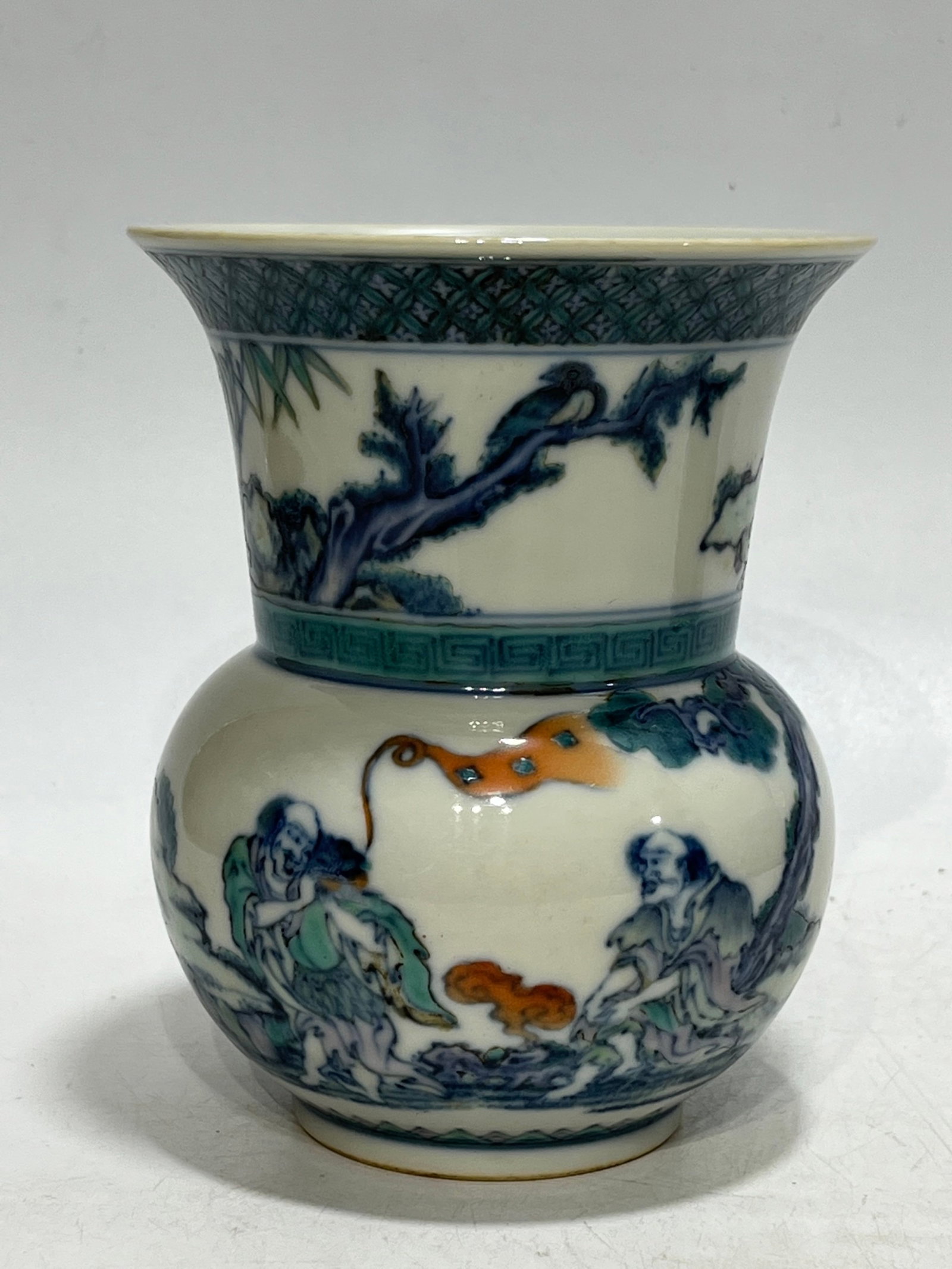 An Exquisite Blue and White Doucai Landscape and Figure Pattern Jar: An Exquisite Blue and White Doucai Landscape and Figure Pattern Jar,Qing Dynasty,China,Kangxi Six-character Mark,Size:5.8in 青花斗彩山水人物纹 