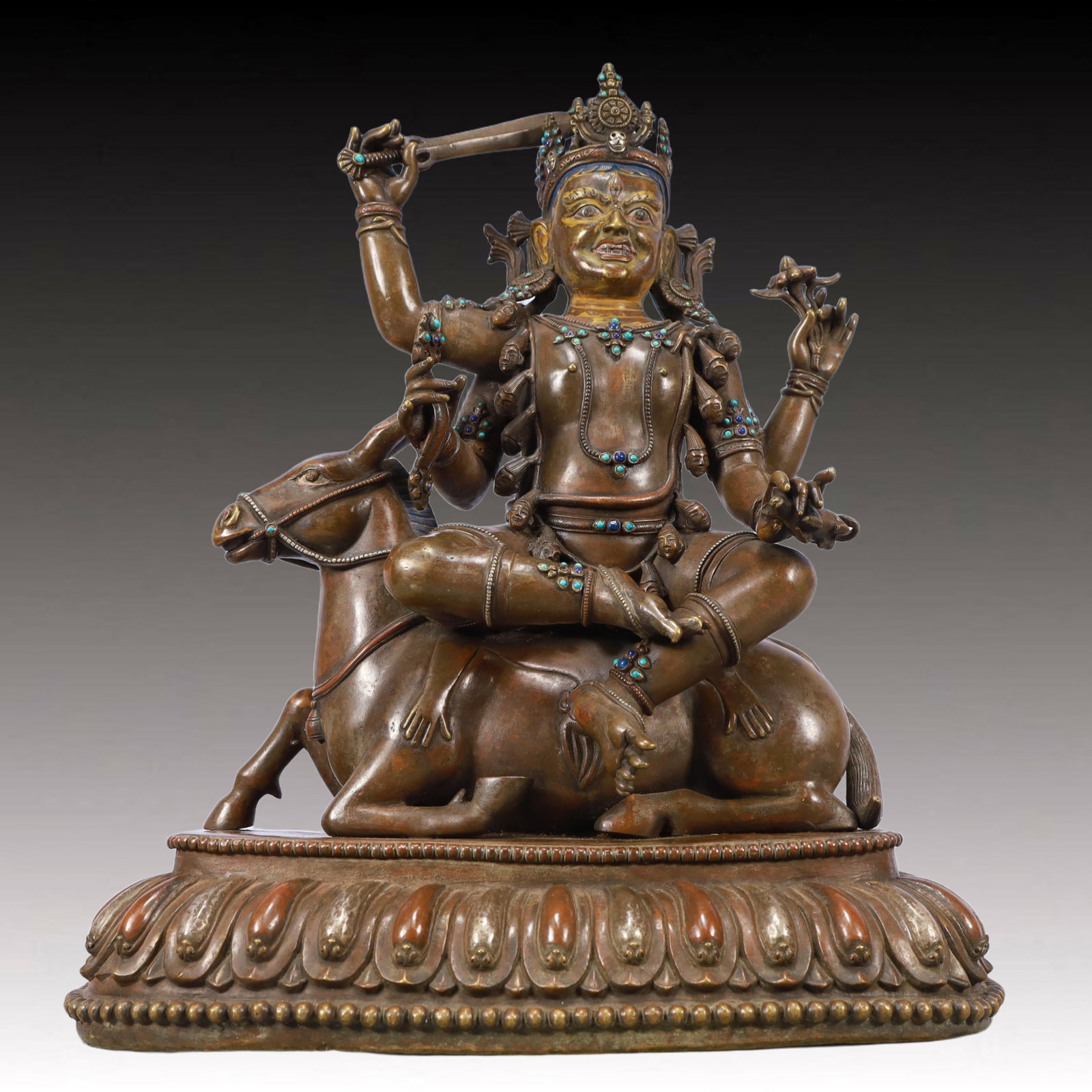 A Solemn Bronze Statue of Manjusri,Inlaid Turquoise: A Solemn Bronze Statue of Manjusri,Inlaid Turquoise,Ming Dynasty, China,Size:13.4inx7.1inx16.1in,Weight:12100g